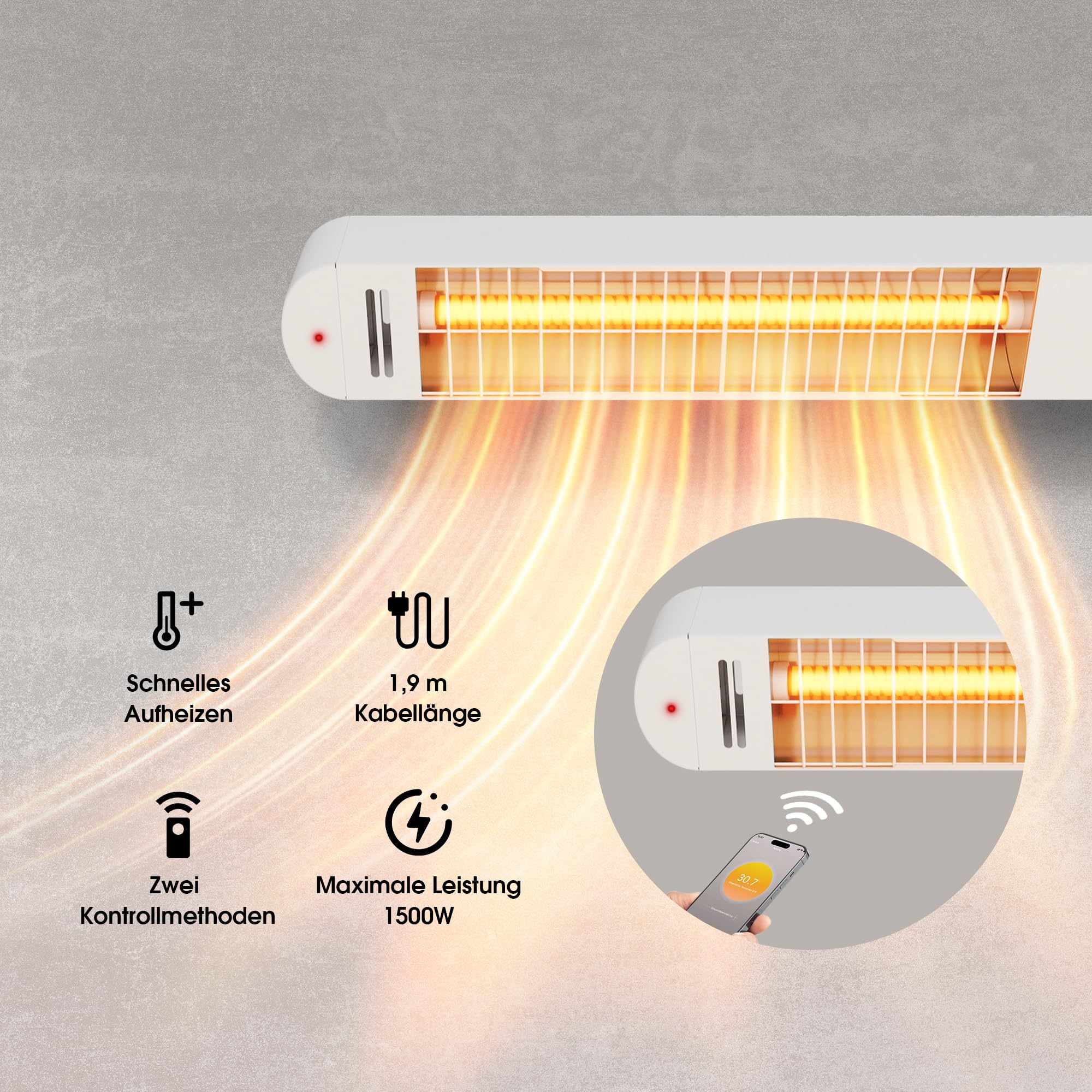 Byecold Infrarotheizung 1500W, Infrarot Heizstrahler mit Fernbedienung & WiFi APP, Wall-Mounted Hanging, Elektroheizung Wand & Deckenmontage, Innen & Außen, Terrasse, Balcony, Garten, Weiß