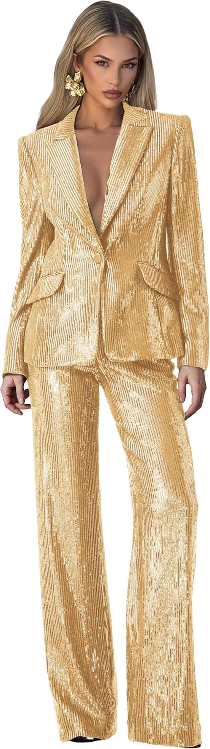 Sequin Suits for Women Dressy 2 Piece Womens Suit Glitter Sparkly V Neck 1 Button W...
