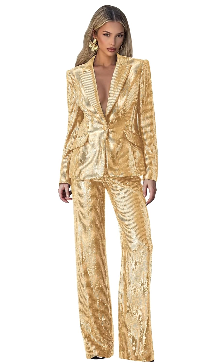 Sequin Suits for Women Dressy 2 Piece Womens Suit Glitter Sparkly V Neck 1 Button Womens Suits for