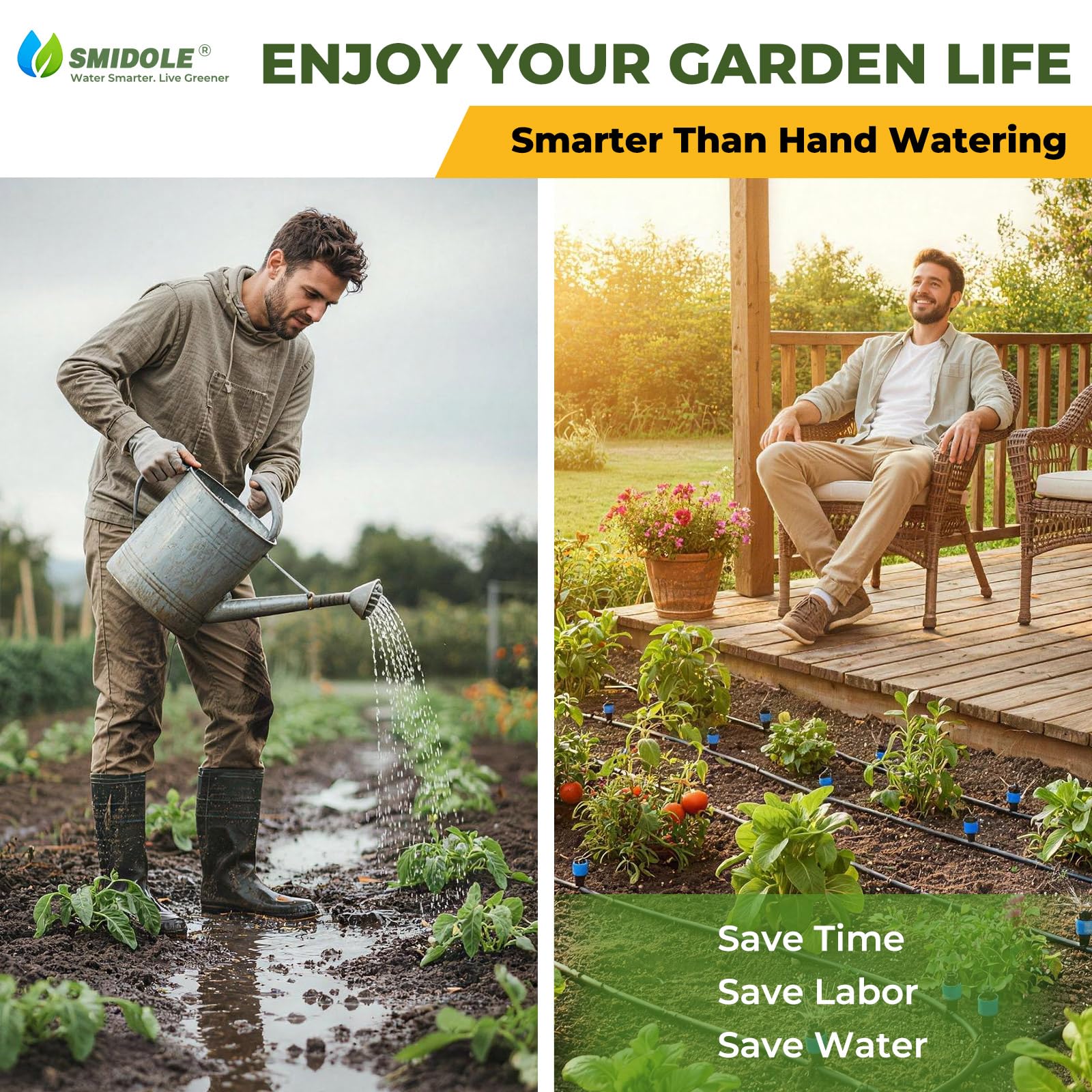 Kit di irrigazione a goccia da 60 m, sistema di irrigazione da giardino a connessione rapida, kit completo di irrigazione a goccia automatico con tubi da 1,3 cm e 0,6 cm, emettitori regolabili per