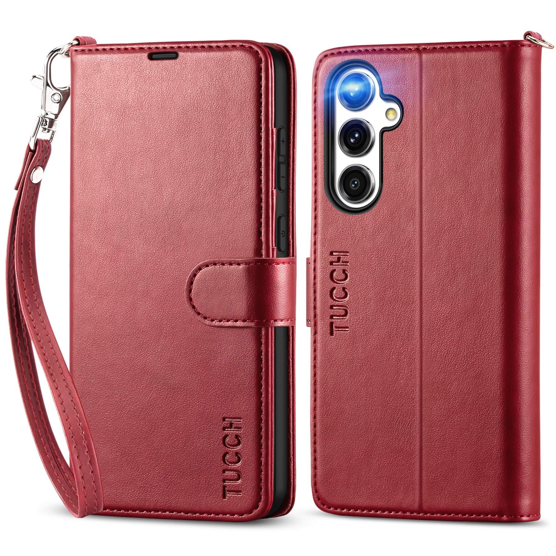 TUCCH Wallet Case for Galaxy S24 FE (6.7") 2024, Magnetic PU Leather Foldable Case with Wrist Strap, RFID Blocking