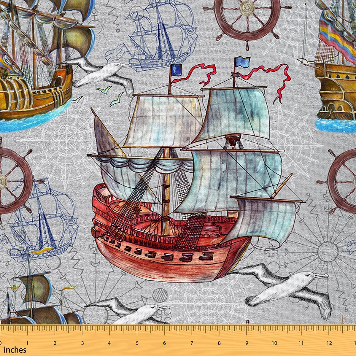 Sailing Boat Fabric by The Yard Colorful Retro Ships Sketch Rudder Fabric for Kids Teens Adults Cute Birds Nautical Style Sea Animal Fabric for DIY Upholstery and Home Accents 10 Yards
