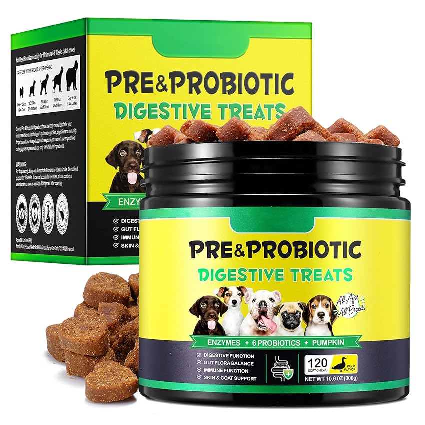 Probiotici per Cani con Enzimi Digestivi - 120 Pezzi Probiotico Digestivo per Cani, Flora Batterica e Sistema Immunitario | Contro Prurito, Allergie e Squilibrio dei Lieviti