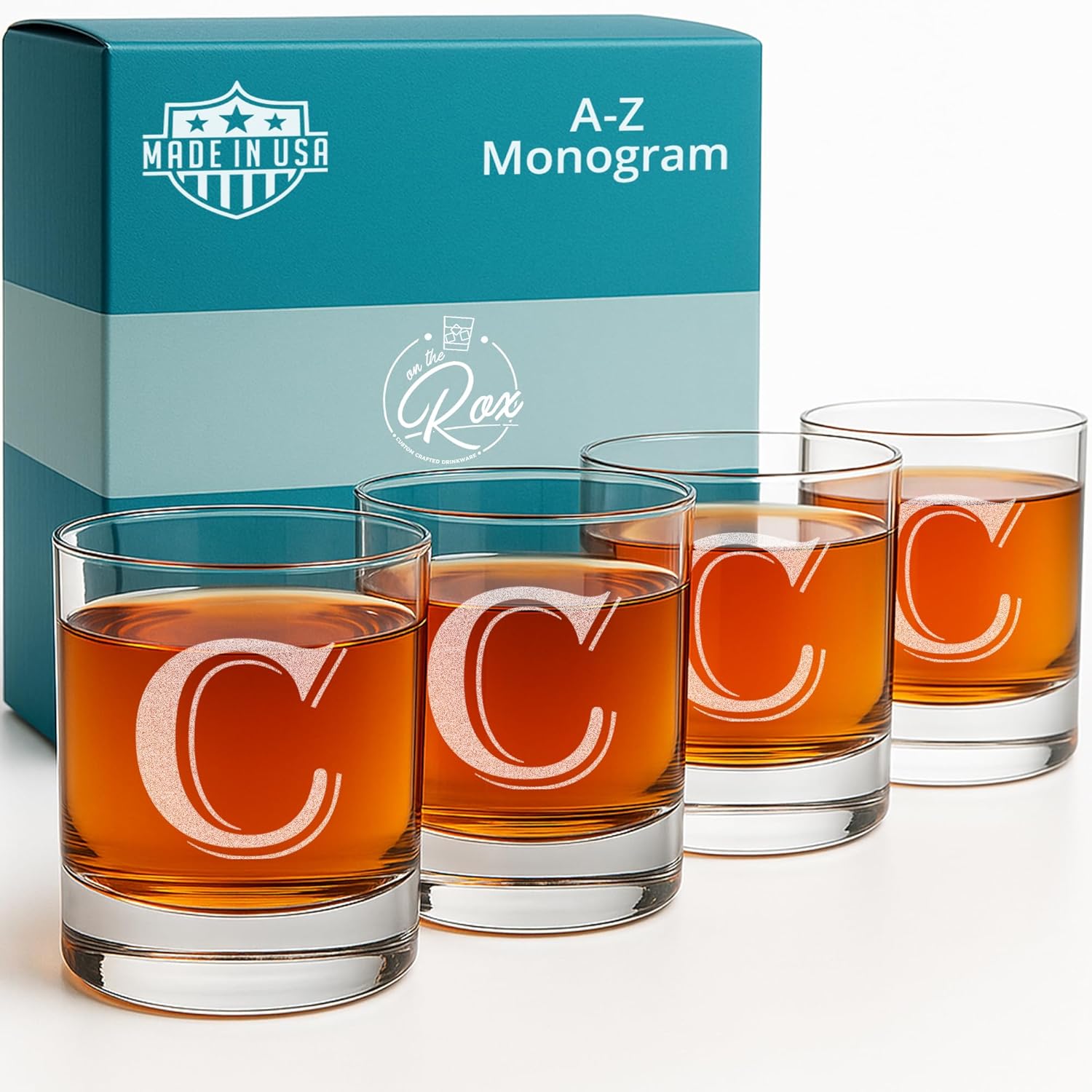 On The Rox Drinks (C-Monogram) – Juego de 4 vasos de 11 onzas, grabados, con base pesada Rocks Elegantes, multiusos, vasos de bebidas Rocks – Regalo