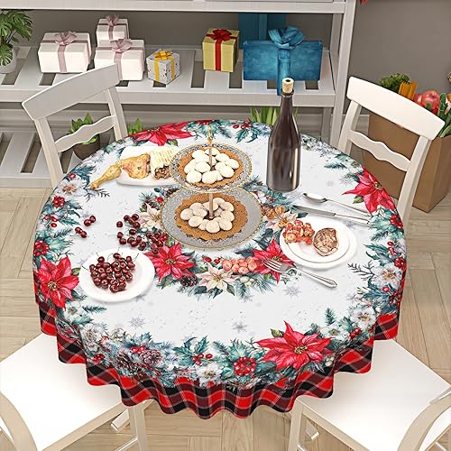 Miniatura 6 de Mantel de Navidad de Pascua redondo de 60 pulgadas, diseño de copos de nieve de búfalo rojo, lavable, resistente a las manchas, mantel de poliéster