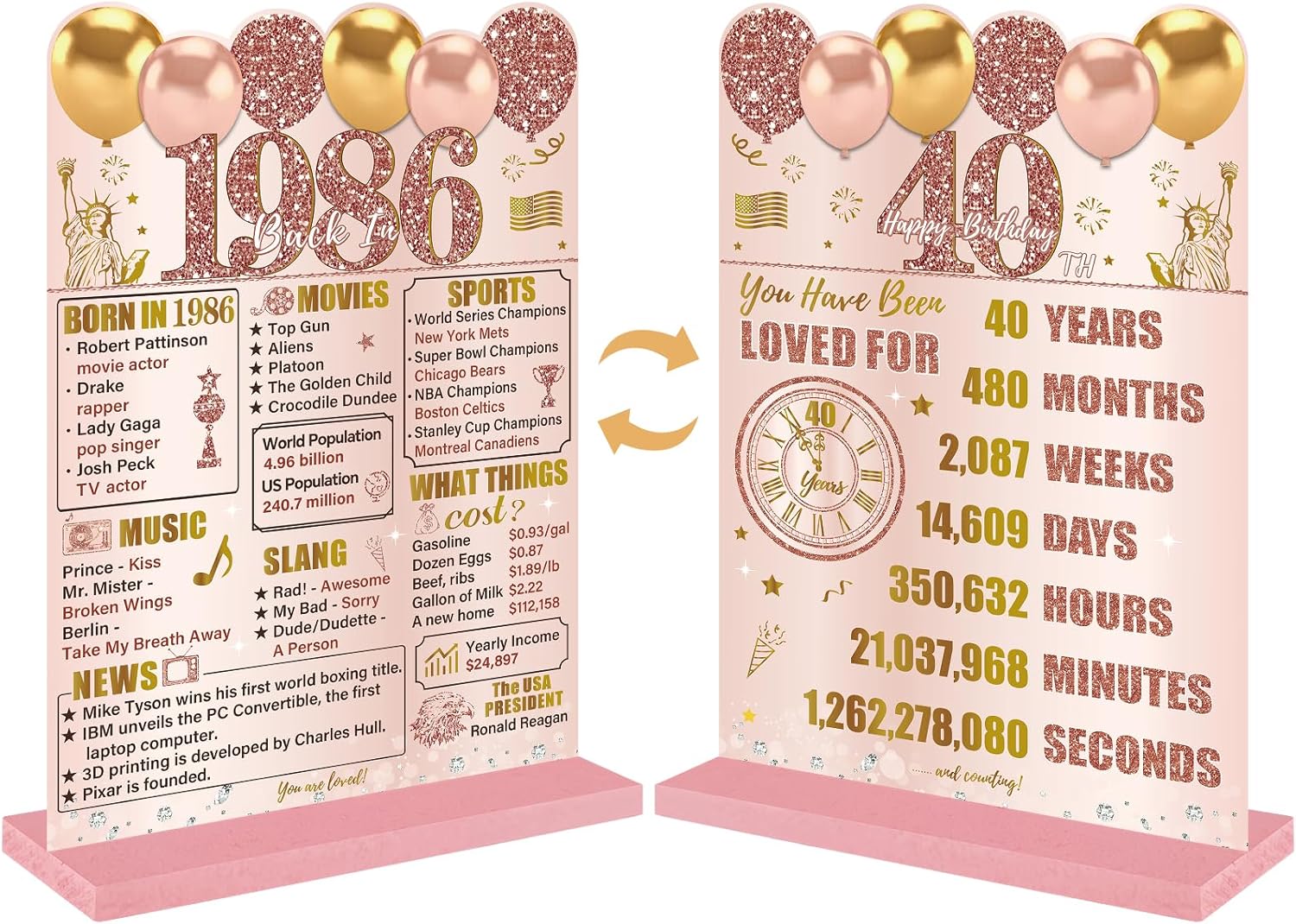 Pink Rose Gold 40th Birthday Decorations for Women, Two-Sided Vintage 40 Back in 1986 Theme Poster Wooden Table Sign with Stand, Forty Years Old Bday Centerpieces Holder for Table Decor