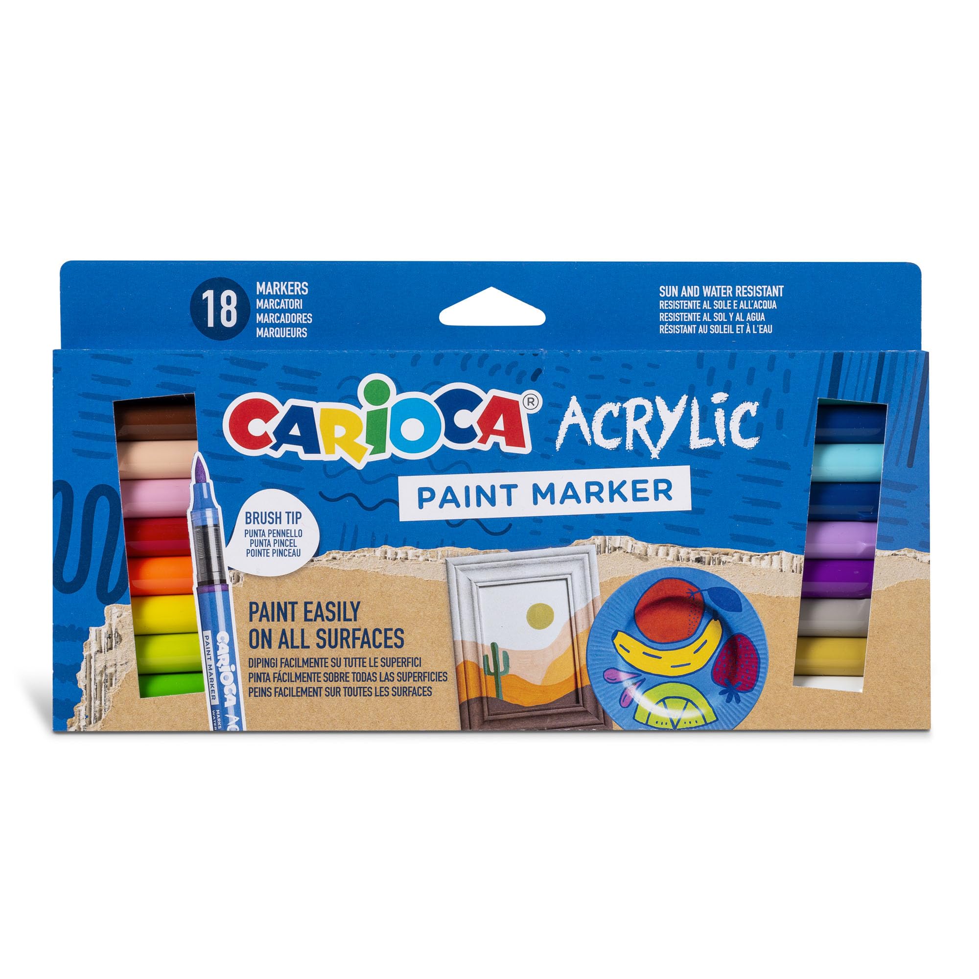 CARIOCA Acrylic Paint Markers for Easy Painting on All Surfaces - Brush Tip, High Coverage Water-Based Ink, Non-Drying (Box of 18 Acrylic Markers)