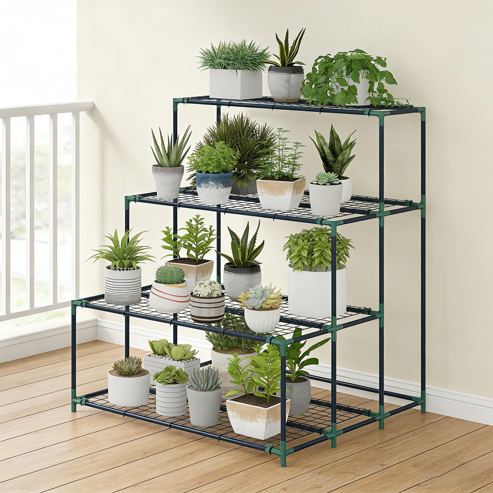 Outsunny 4-Etagen Pflanzenständer, 110 cm hoch Blumenständer mit 24 Clips, Pflanzenregal aus Stahl, mehrstöckig Blumenregal, Blumentreppe Blumentopfständer für Garten Balkon Deko, Dunkelgrün