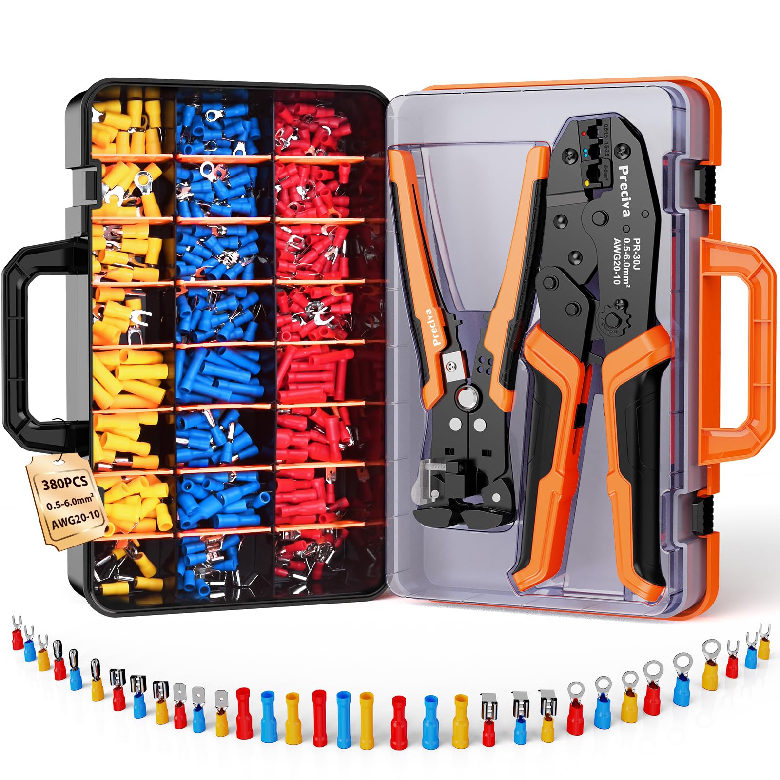 Preciva 0.5-6mm²Insulated Crimping Tool with Wire Stripper,AWG20-10 Ratchet Wire Crimping Plier+0.2-6mm²Wire Strippers Electrical Set,with 380pcs/33Type Electrical Terminal Connectors