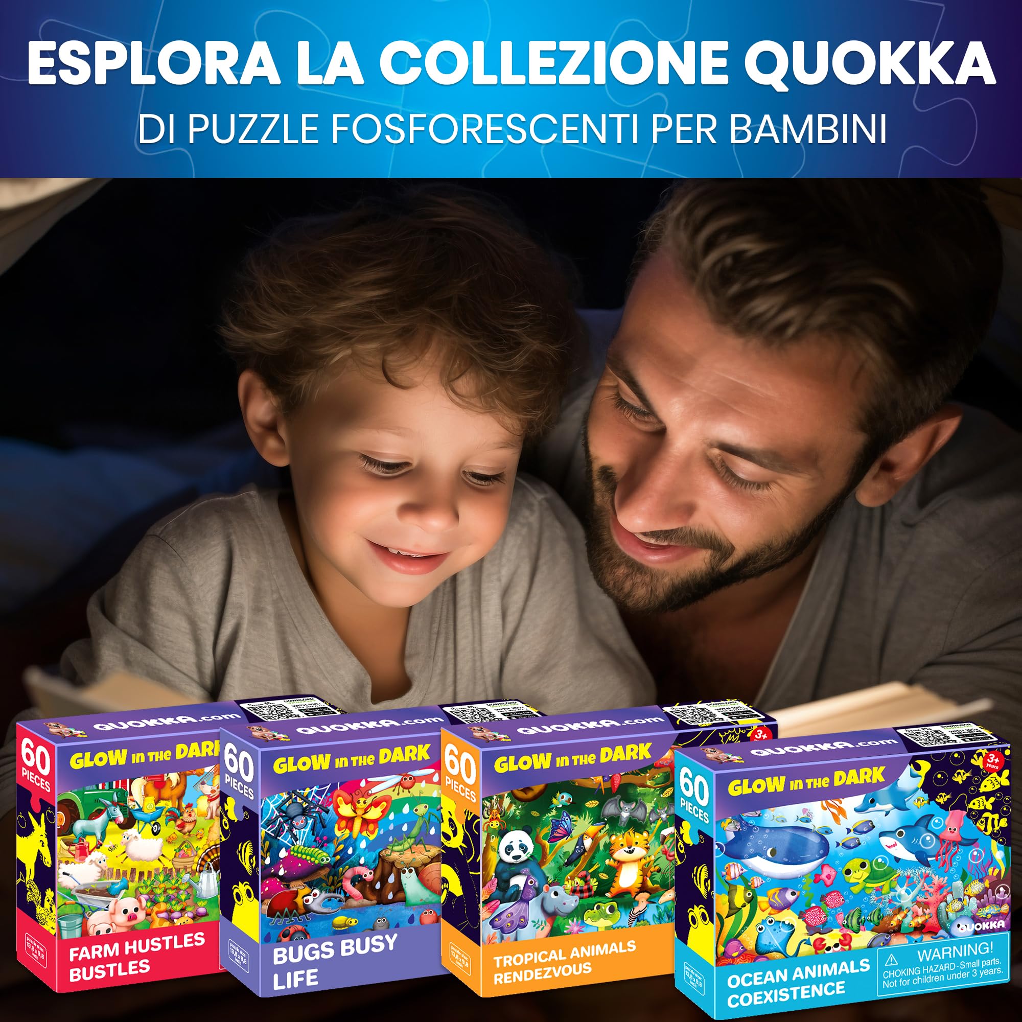 QUOKKA Puzzle Bambini 4 5 6 Anni – 4x60 Pezzi Puzzle Fluorescenti 3 4 Anni – Giocattoli Colorati con Fattoria Tropicale Oceano Animali e Uccelli – Giochi Educativi Regalo per Bambini e Bambine 6 7 8