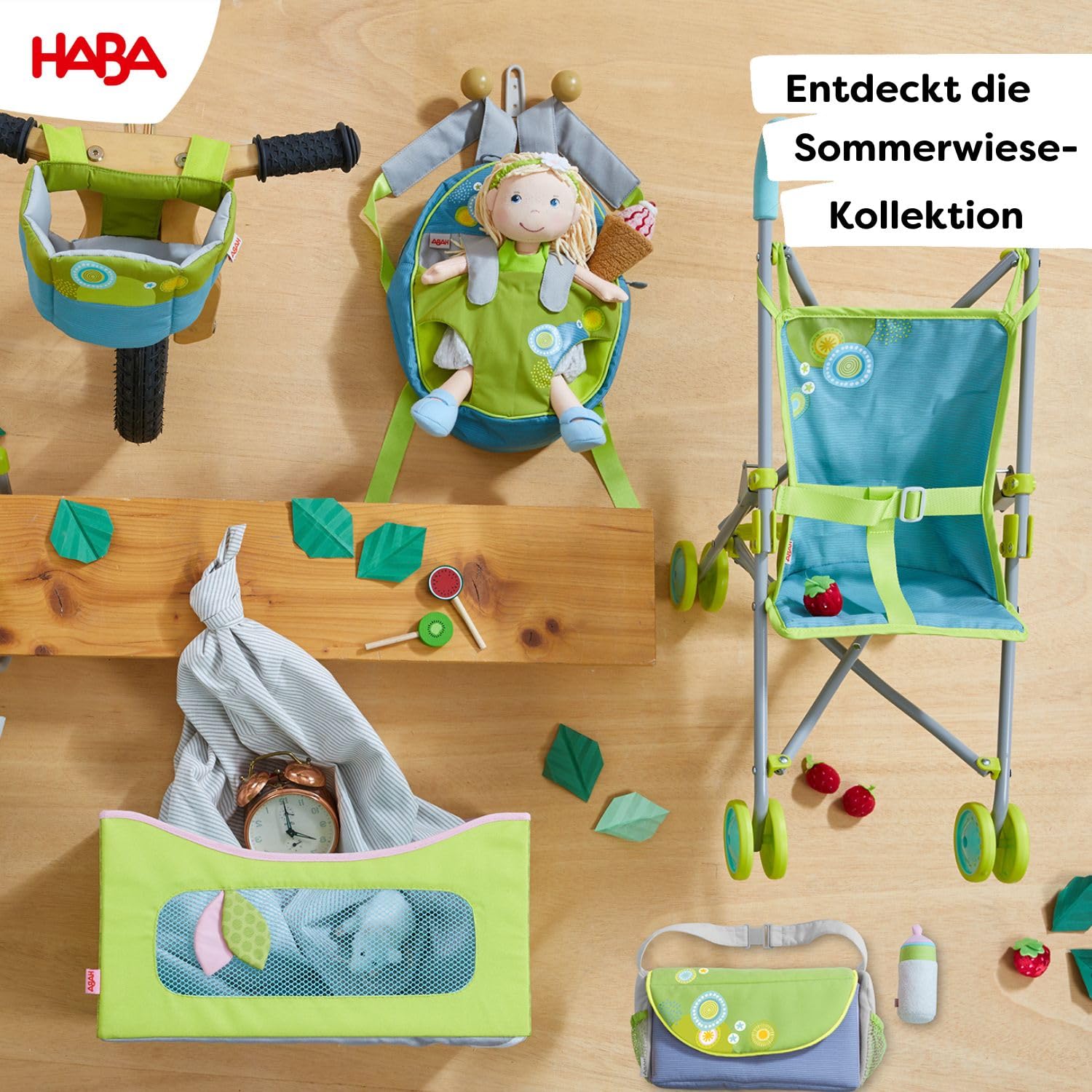 HABA 306208 – wózek dla lalek letnia łąka, akcesoria dla lalek od 3 lat, 25 x 25 x 63 cm