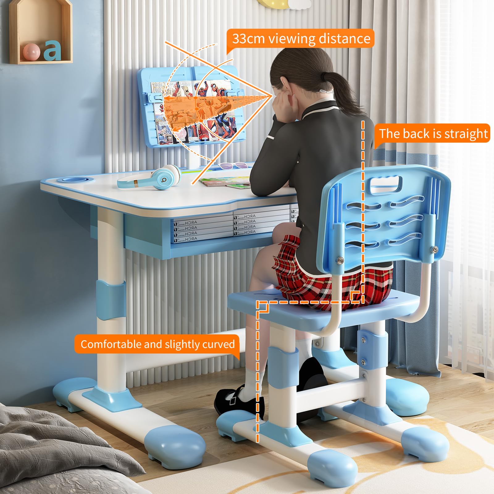 Vinteky Kinderschreibtisch, Schreibtisch Höhenverstellbarer schreibtischstuhl Jugendschreibtisch mit Stuhl für Kinder, Schreibtische für Kinder mit Schubladem (Blau)