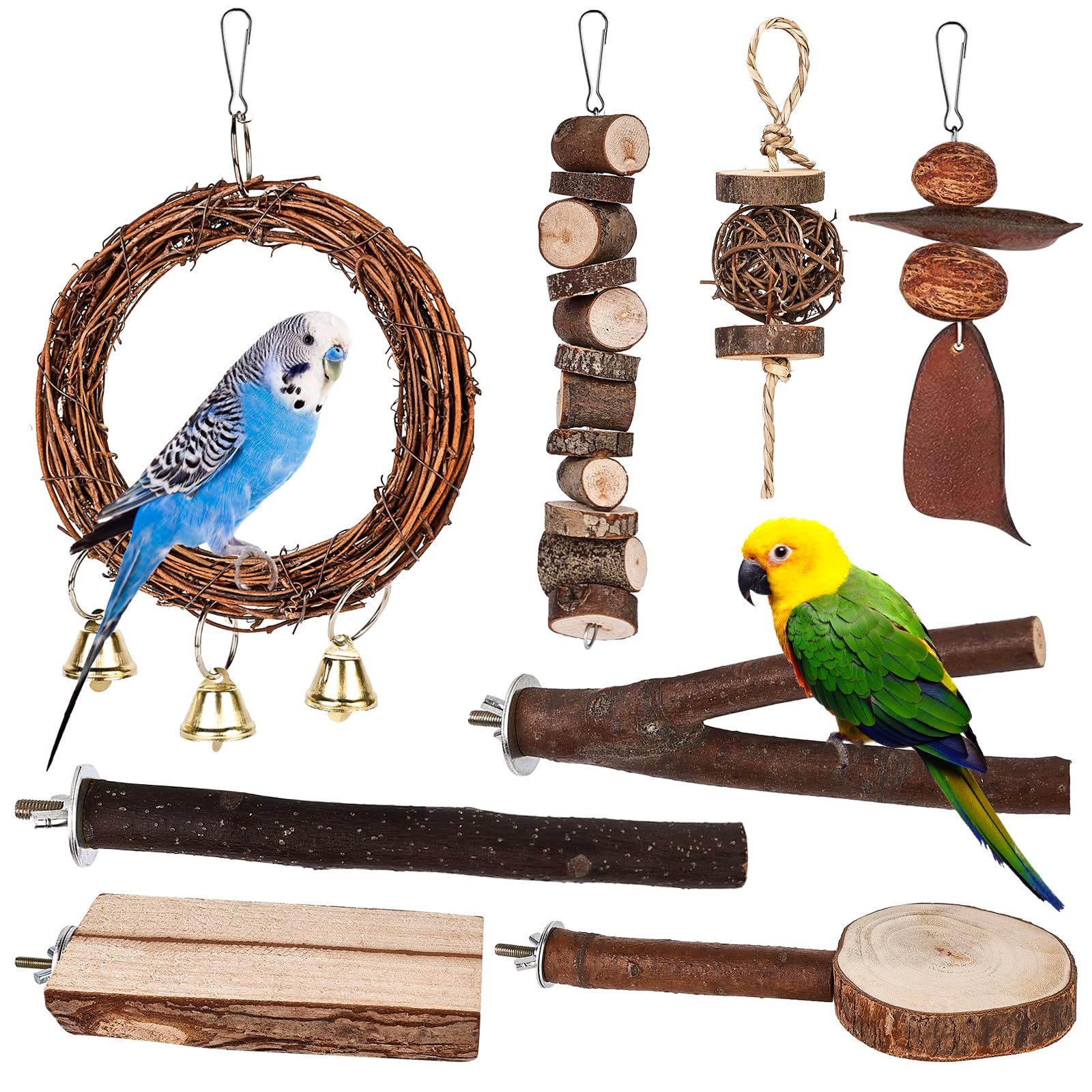 Posatoi per Uccelli, 8 Pz in Legno Naturale - Giocattolo per Pappagalli, Trespolo, Persico - Supporti per Cacatua, Cocorite, Fringuelli