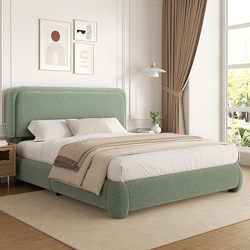 Miniatura 15 de Base de cama de tamaño Queen con plataforma de bouclé, base de cama tapizada tipo nube con cabecera ajustable, esquinas redondeadas anticolisión, no