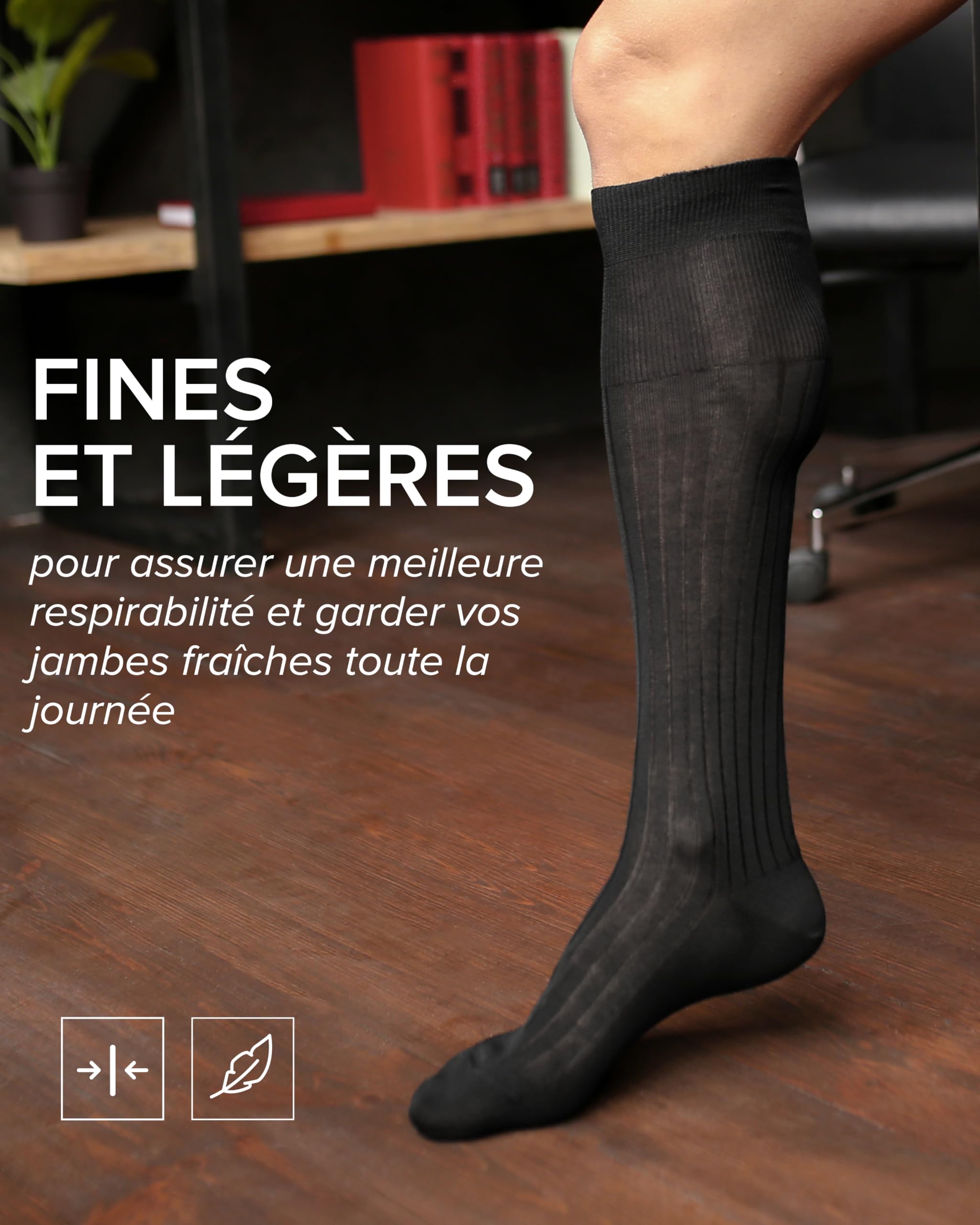 vitsocks Chaussette haute élégante 100% COTON MERCERISÉ Homme (2 PAIRES) fine légère montante mi-bas longs costume côtelée