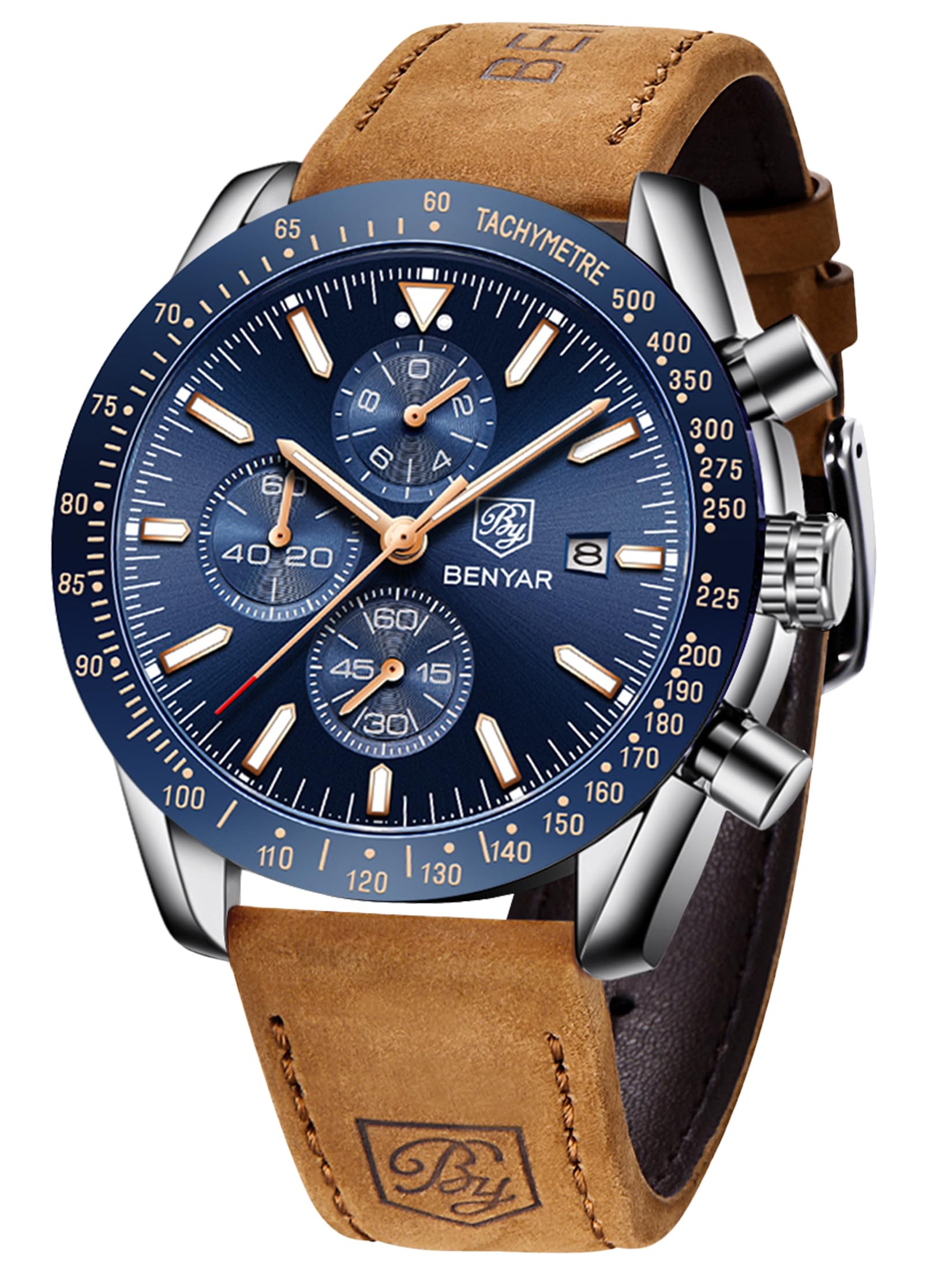 BENYAR Mens Watches Quartz Movement Chronograph Leather Strap Fashion Business Sport Design 30M Waterproof Scratch Resistant Elegant Gifts for Men