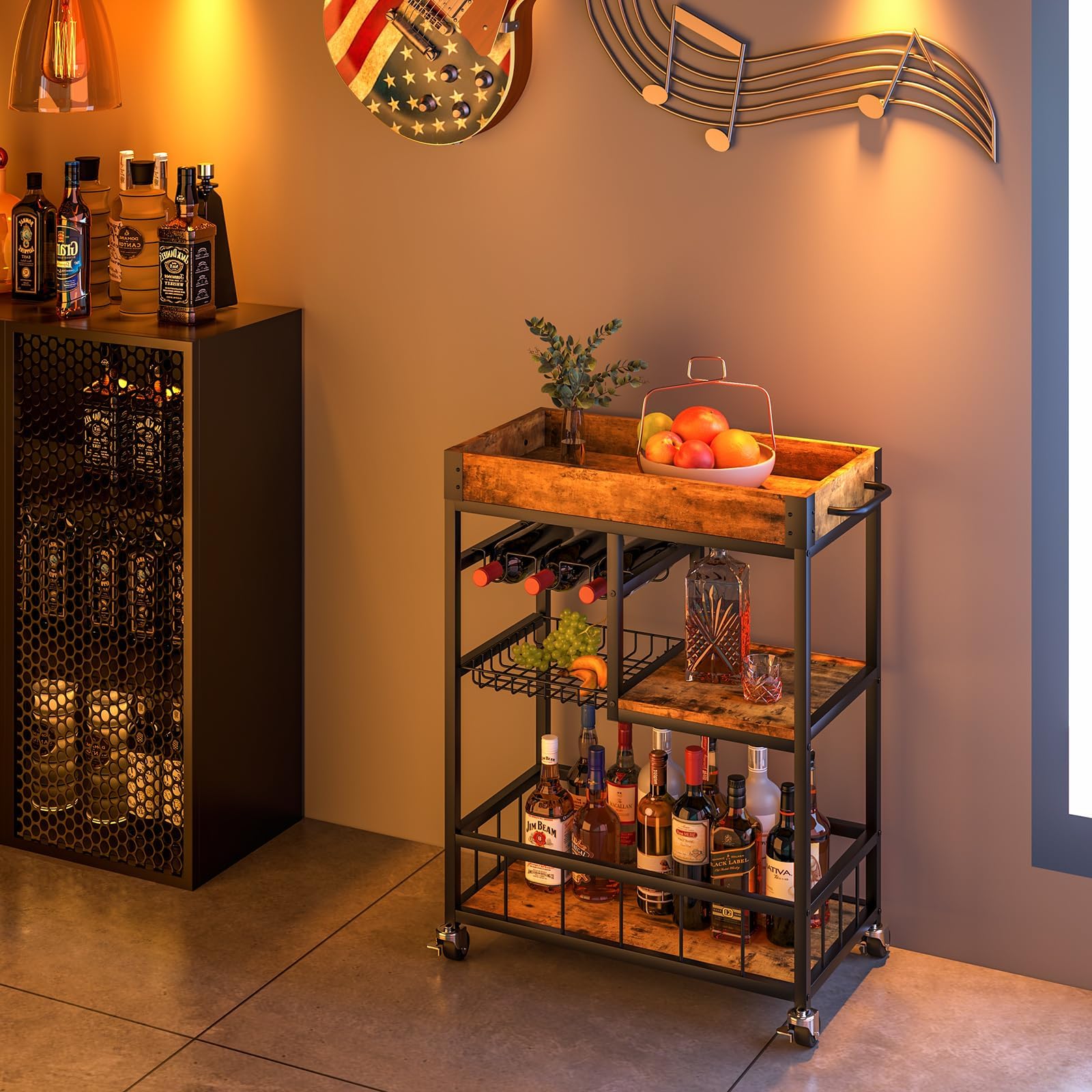 Huhote Carrito de servir, carrito de cocina con estante para vino, carrito de bar, carrito de bebidas, carrito con ruedas, carrito de vino para comedor, cocina, salón, bar, fiesta, marrón grano de