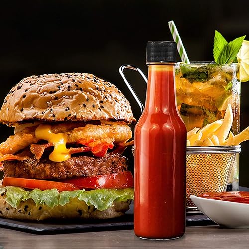 Vista 6 de Encheng Paquete de 35 botellas de salsa picante de 5 onzas con tapas, botellas de vidrio Woozy con insertos de gotero y cápsulas retráctiles, Negro