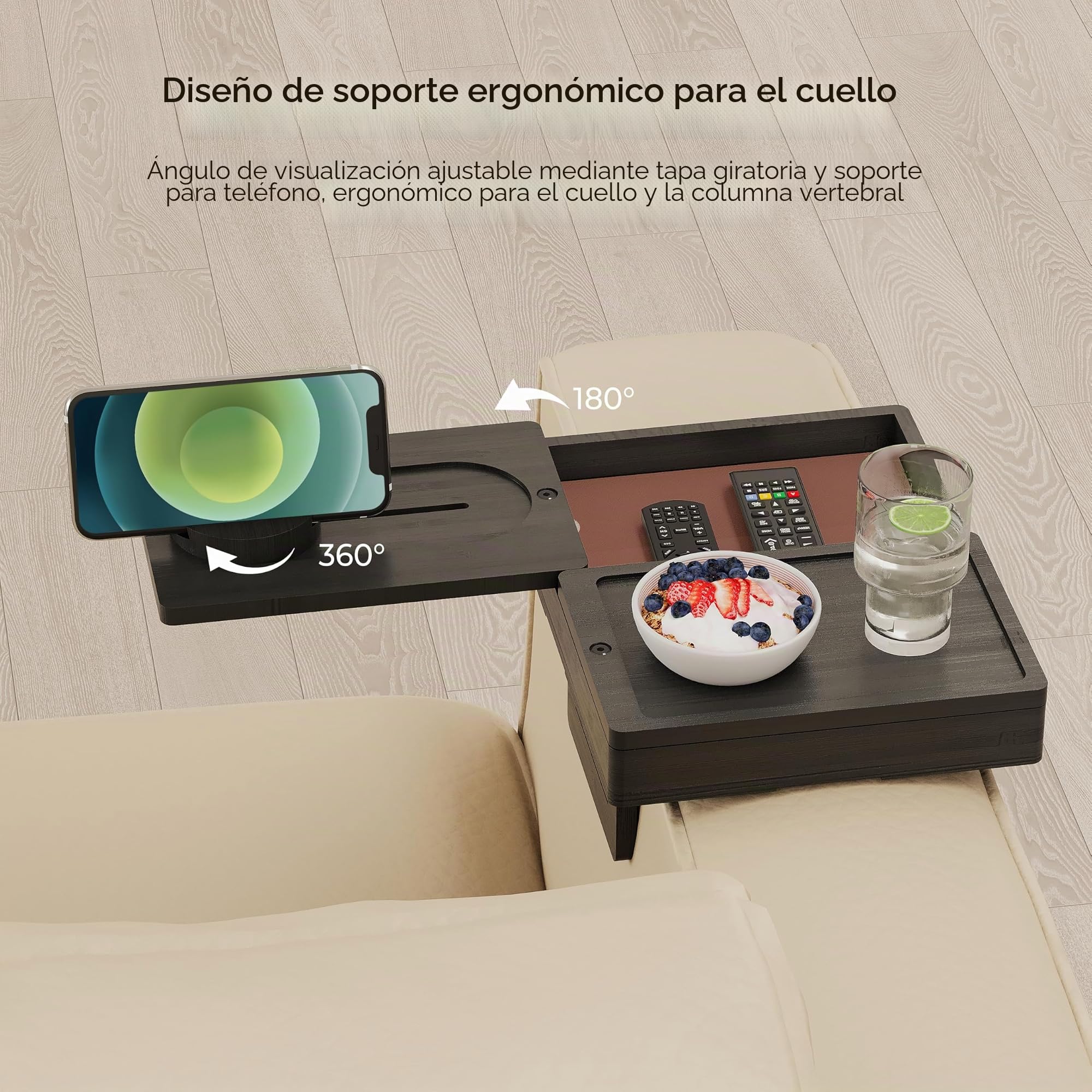Wealone Bandeja negra para reposabrazos de sofá con 2 bandejas giratorias, mesa ajustable con clip para brazo de sofá con caja de almacenamiento y soporte para teléfono de 360°, mesa de reposabrazos
