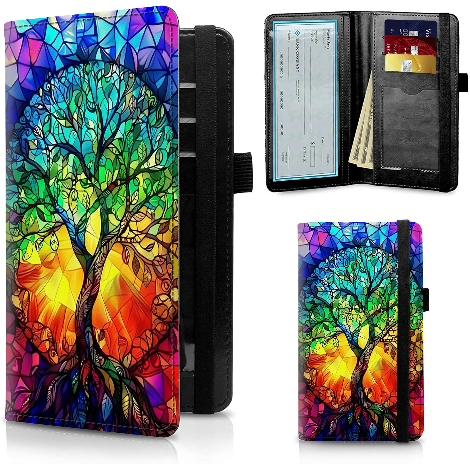 FUYOCWE Leather Checkbook Covers for Men Women Check book Holder Cover Wallets for Personal Checkbook Duplicate Checks with RFID Blocking &amp; Elastic Strap-Glass Style Colorful Life Tree