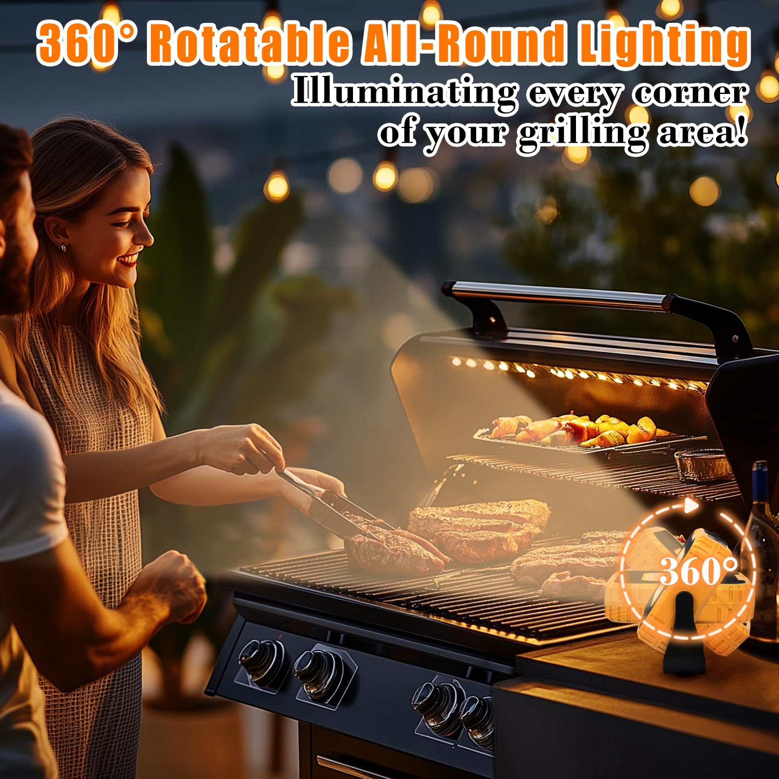 Paquete de 2 luces de barbacoa para parrilla al aire libre, luces de trabajo magnéticas y recargables de 1000 lúmenes con 360° ajustables, luces LED impermeables IPX4, regalos para hombres, papá y 3