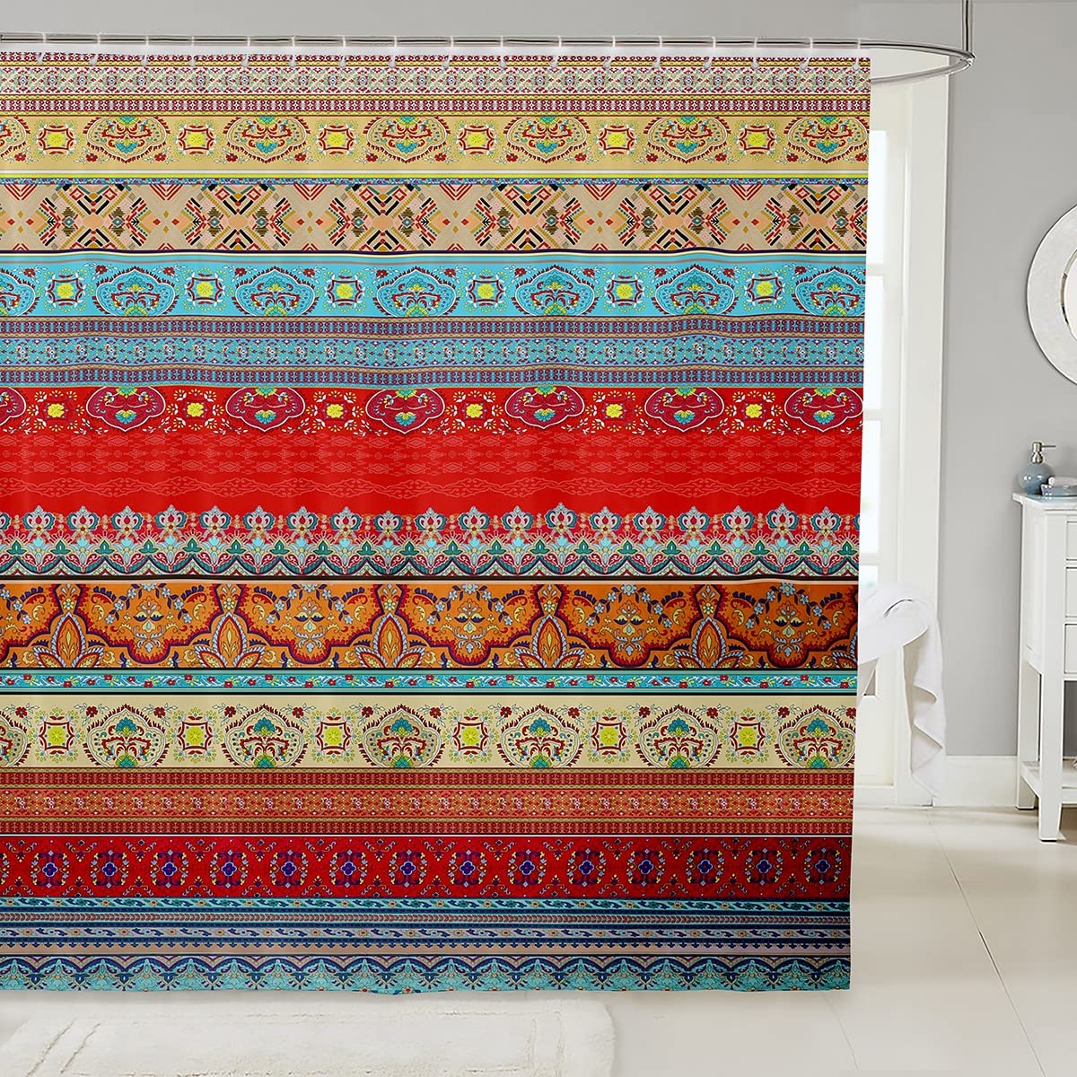Tenda da doccia bohémien 180 x 180 cm, motivo floreale rosa e foglie