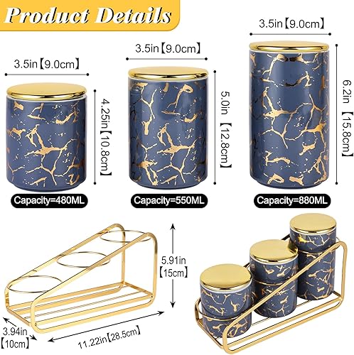 Miniatura 3 de XYQXYQ Juego de recipientes de metal de cerámica con patrón dorado para encimera de cocina, un juego de 3 recipientes de cocina con estante