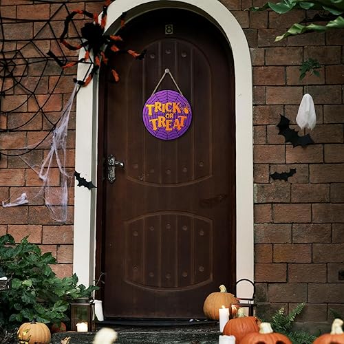 Miniatura 5 de Letrero colgante de Halloween con cuerda, letrero de telaraña de truco o trato, letrero de madera redondo para puerta delantera, porche de