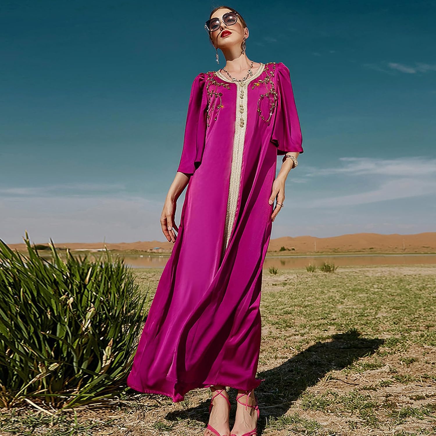 IBAKOM Abaya for Women Floral Lace Ethnic Moroccan Dress Muslim Dubai Attire Islamic Clothes Wedding Eid Ramadan Jalabiya