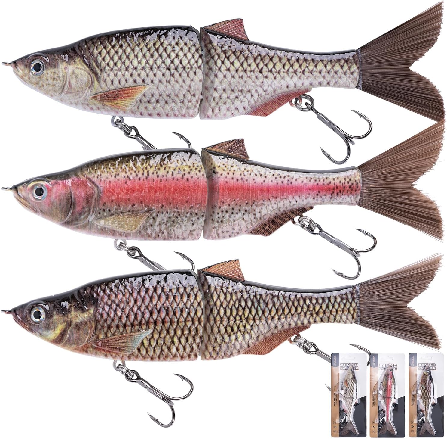 Goture Glide Baits,Jointed Swimbait with Brush Tail,Bass Pike Salmon Trout Muskie Fishing Lure,Slow Sinking Fishing Bait Trout Lures Brushtail with Treble Hooks,Built-in Steel Balls,Gifts for Men