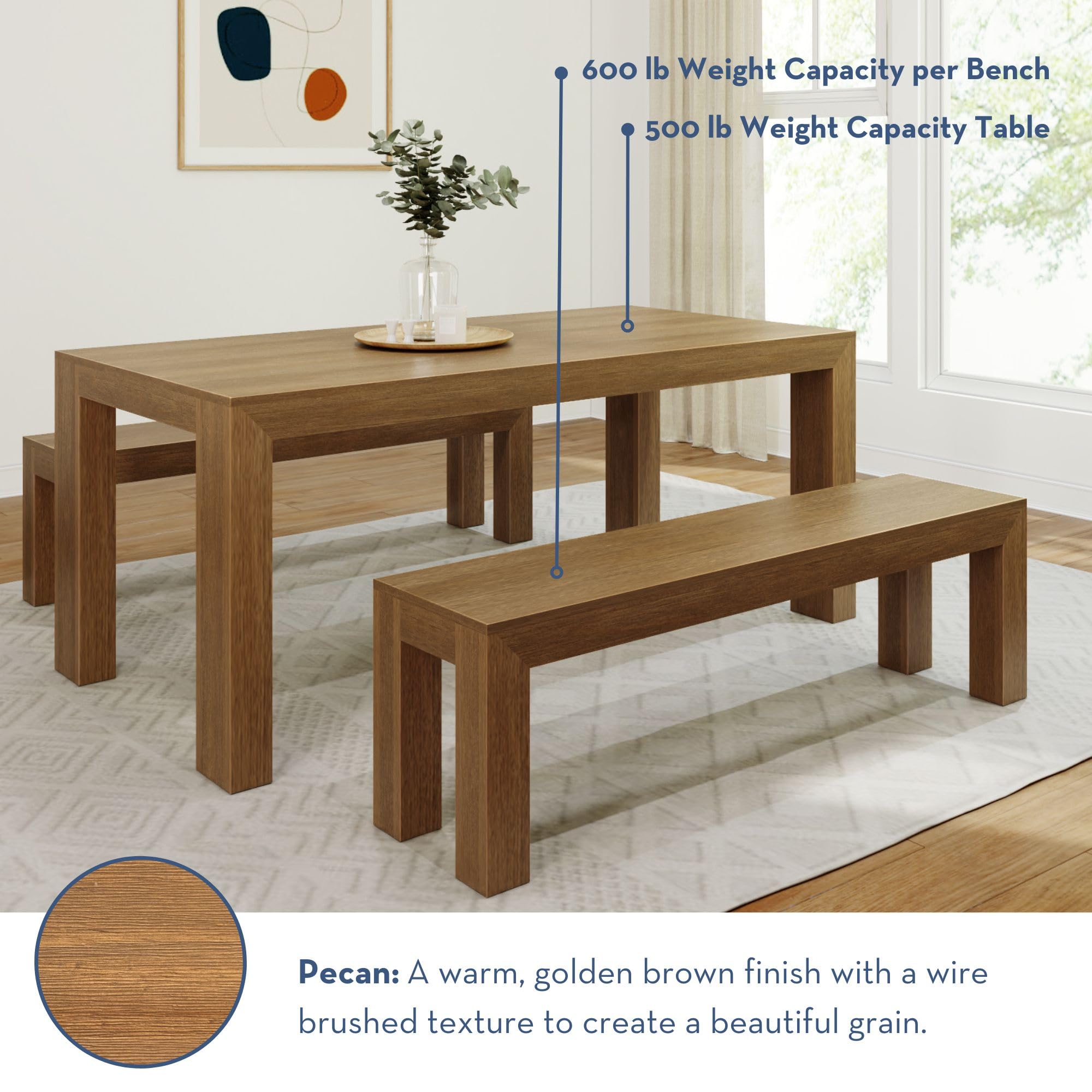 Plank+Beam Modern Dining Table Set with 2 Benches, Pecan Wirebrush