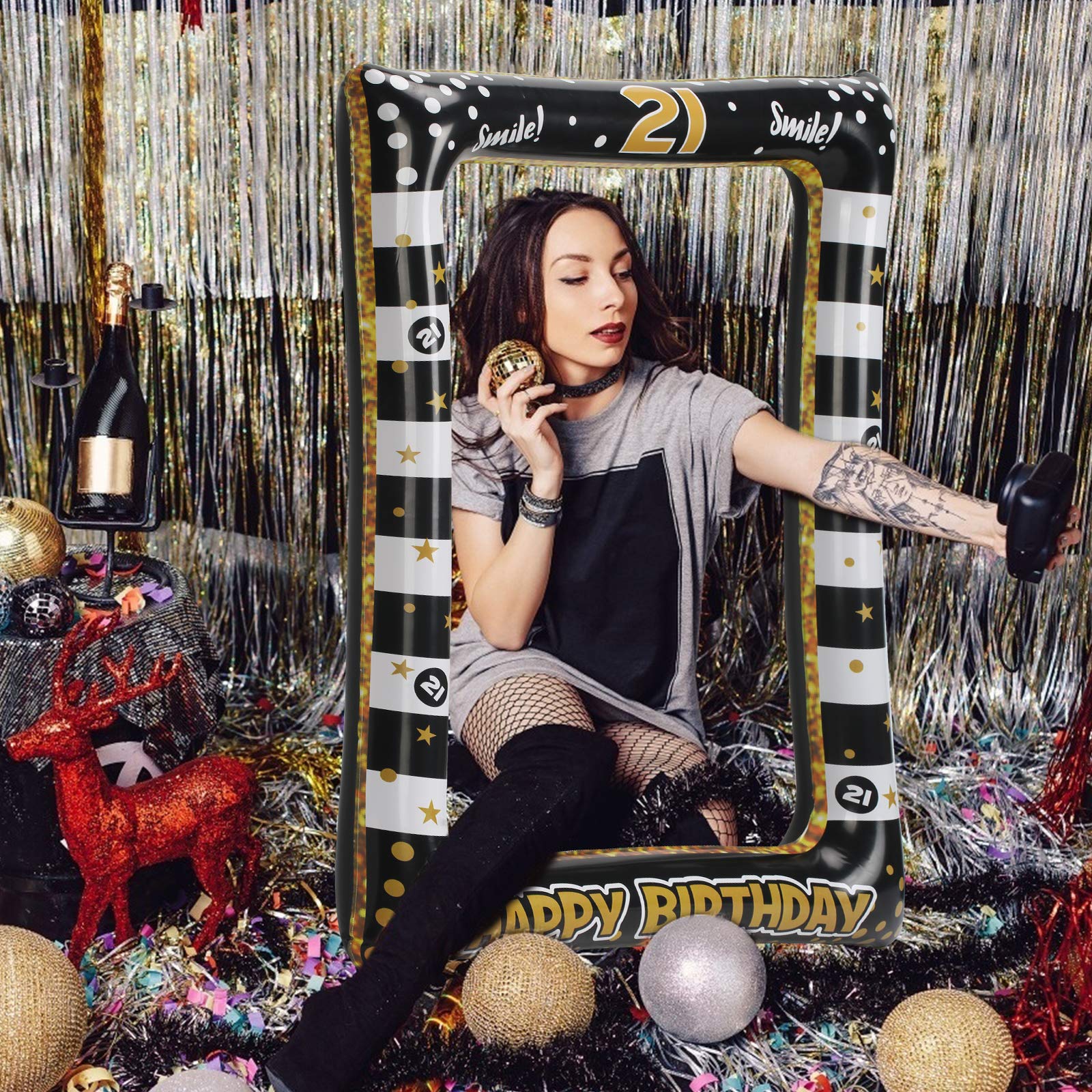 Kit Photo Booth Per 21 Anni - Cornice Gonfiabile 71x58 Cm + Accessori, Rosa - Foto 5