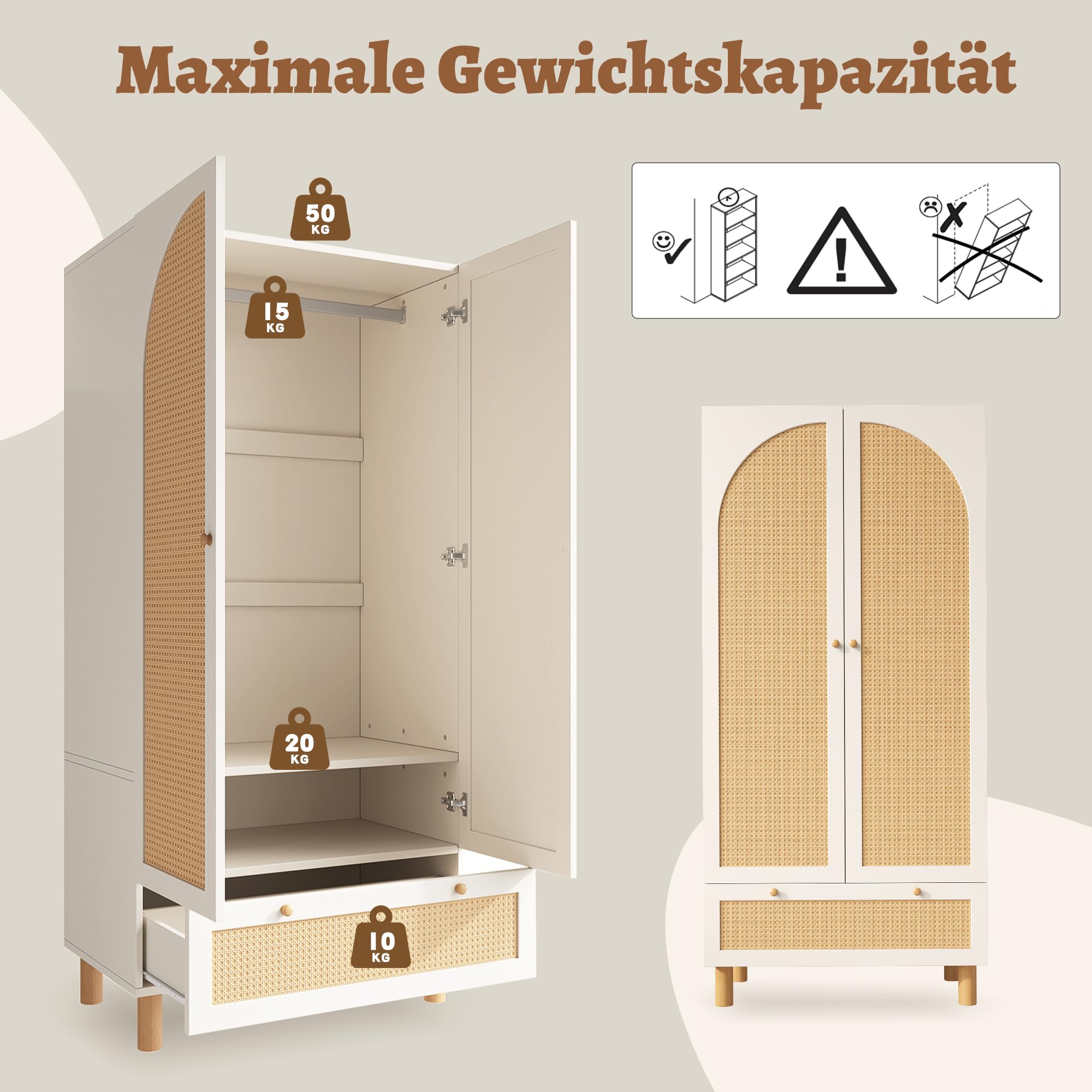 Armadio in rattan, con 2 ante e cassetto grande, regolabile in altezza, per camera da letto, soggiorno, 85,5 x 52 x 180,5 cm, bianco