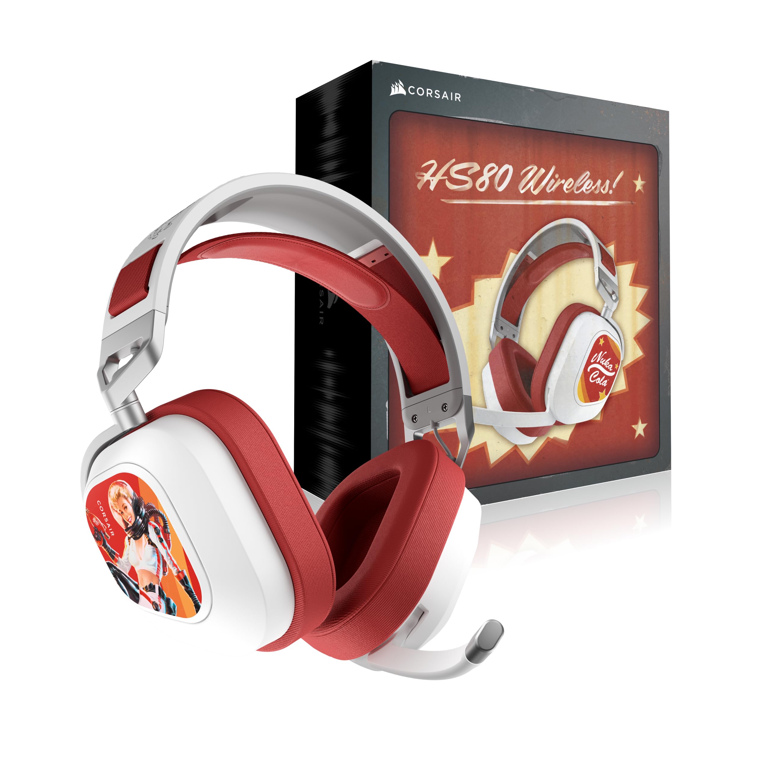 Corsair HS80 RGB sans Fil Fallout Nuka-Cola Édition Casque Gaming – Dolby Atmos, Faible Latence, Microphone Omnidirectionnel, sans Fil Jusqu'à 18 Mètres, 20 Heures d'autonomie – PC, Mac, PS5, PS4