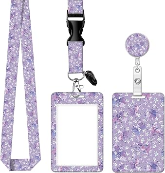 ID Badge Holder with Retractable Badge Reel Clip and Lanyard Cute Card Name Tag Lanyard Vertical ID Protector Bage Clips for Nurse Doctor Teacher StudentPurple Flowers
