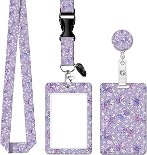 ID Badge Holder with Retractable Badge Reel Clip and Lanyard Cute Card Name Tag Lanyard Vertical ID Protector Bage Clips for Nurse Doctor Teacher Student(Purple Flowers)