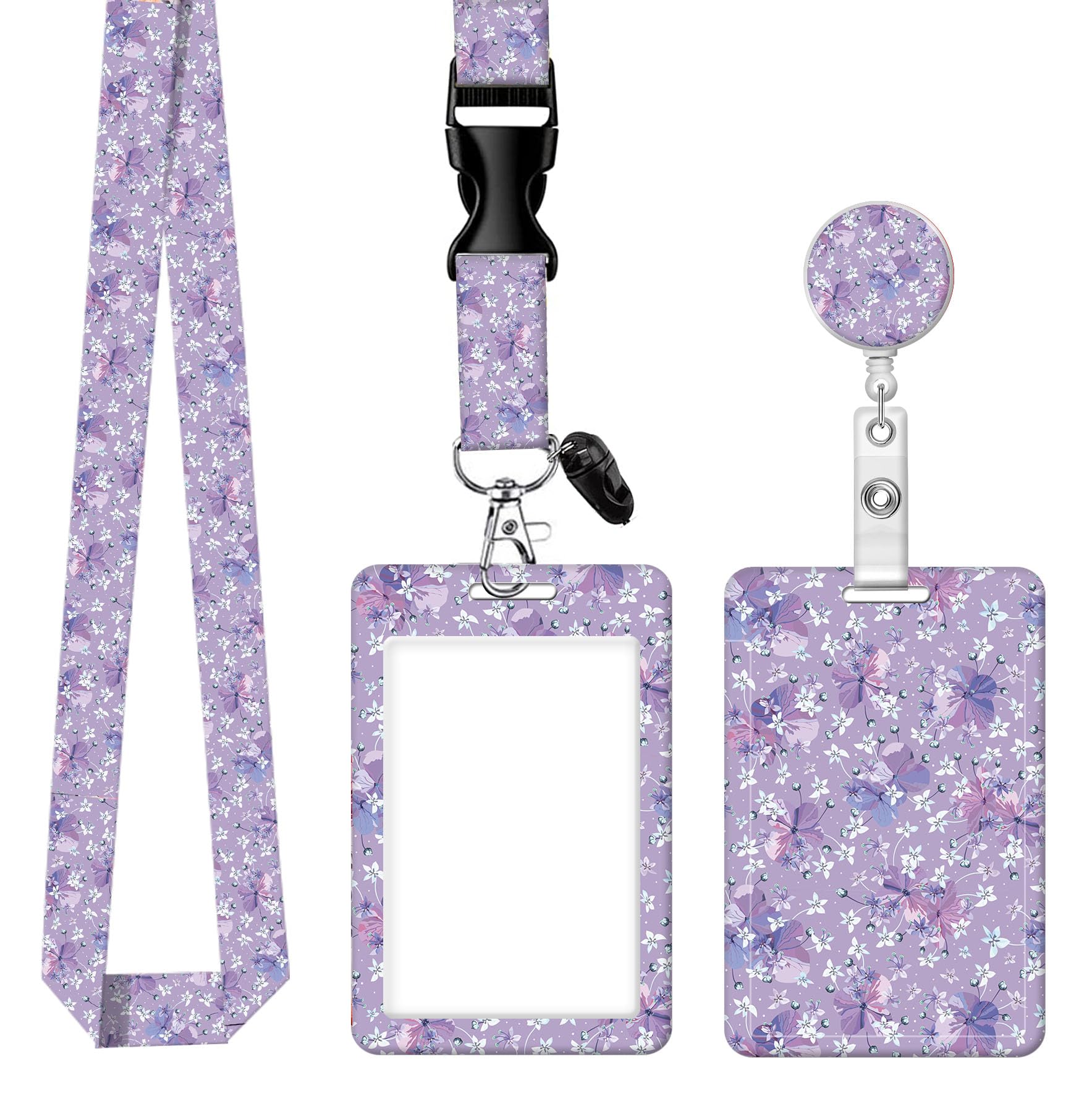 Soporte para tarjetas con carrete retráctil y clip de mosquetón y correa de cordón desmontable, protector de tarjeta vertical duro para mujeres, enfermeras, profesores, estudiantes (flores moradas)