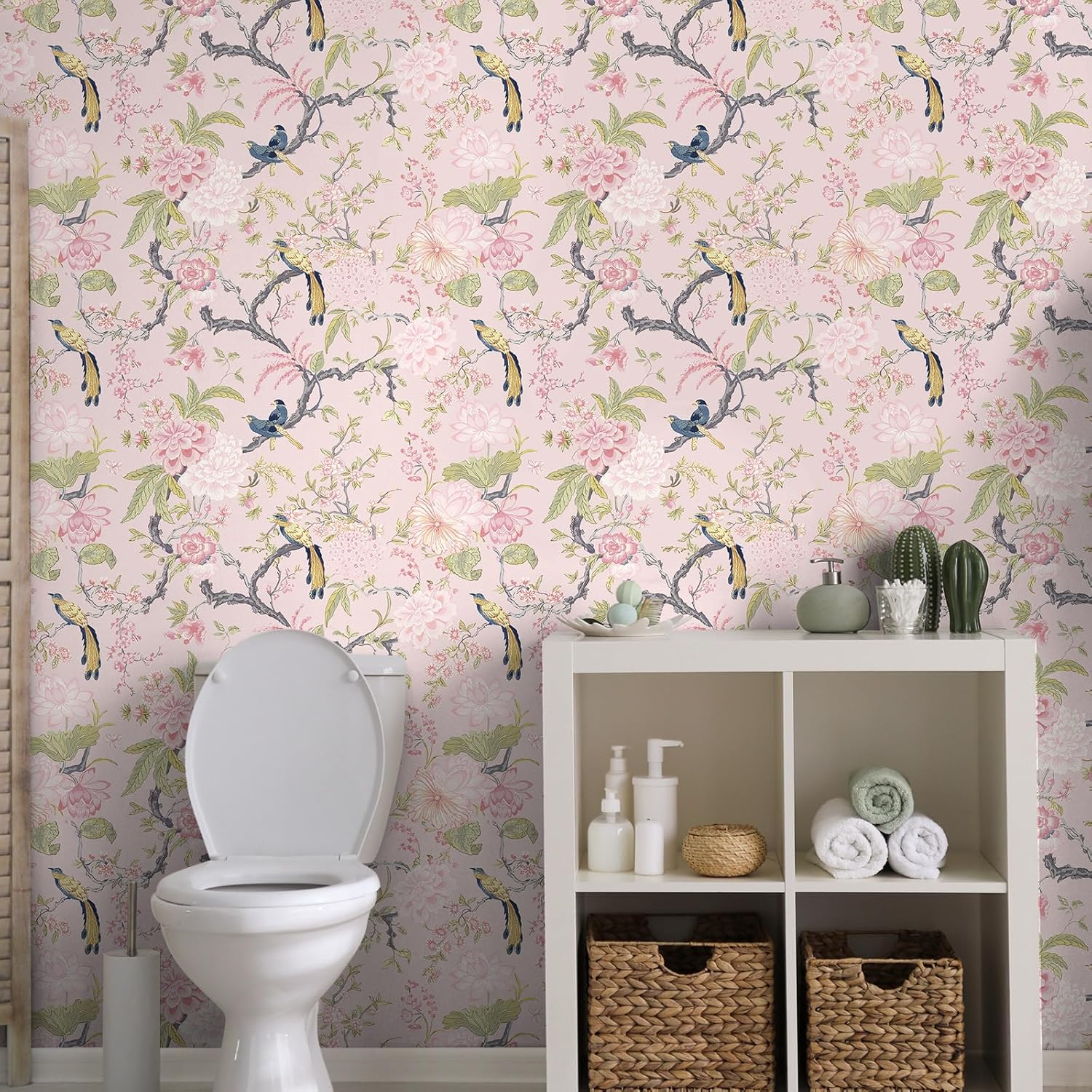 Drydiet Chinoiserie Peel and Stick Wallpaper Removable Self Adhesive Wallpaper Floral Birds Contact Jacobean Vintage Contact Paper for Bedroom(15.75" X 118",A,Blush)