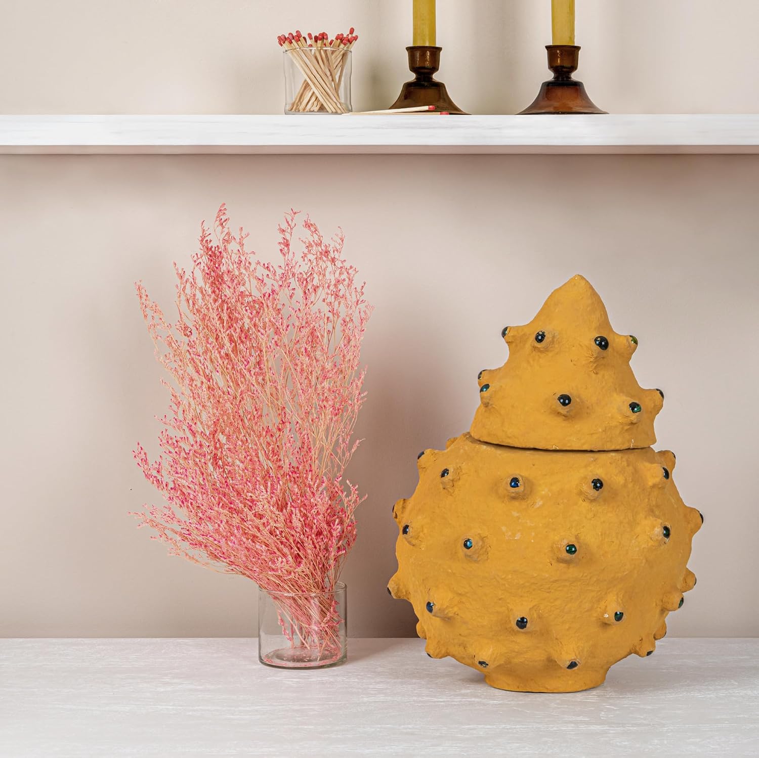 Creative Co-Op Decorative Paper Mache Canister with Glass Marble Accent, Yellow