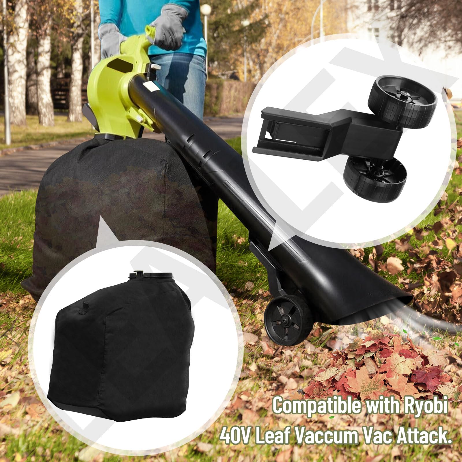 205110001 - Bolsa de ataque para aspiradora de hojas y montaje de rueda 314148001 compatible con Ryobi 40 V Leaf Vaccum Vac Attack Reemplaza RY40405 RY40405VNM