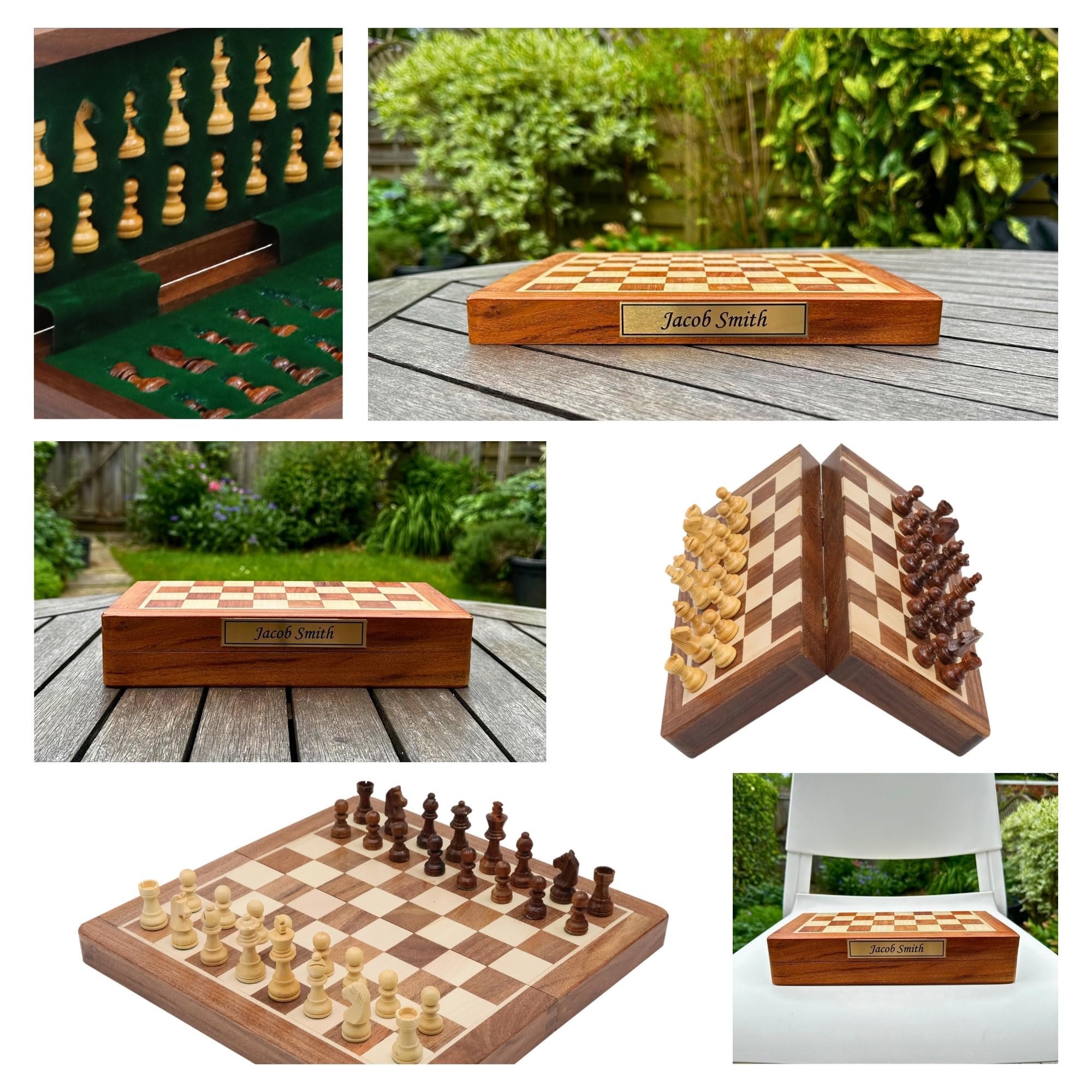 Jeu d'échecs magnétique pliable personnalisé | Planche en bois massif faite à la main et pièces d'échecs