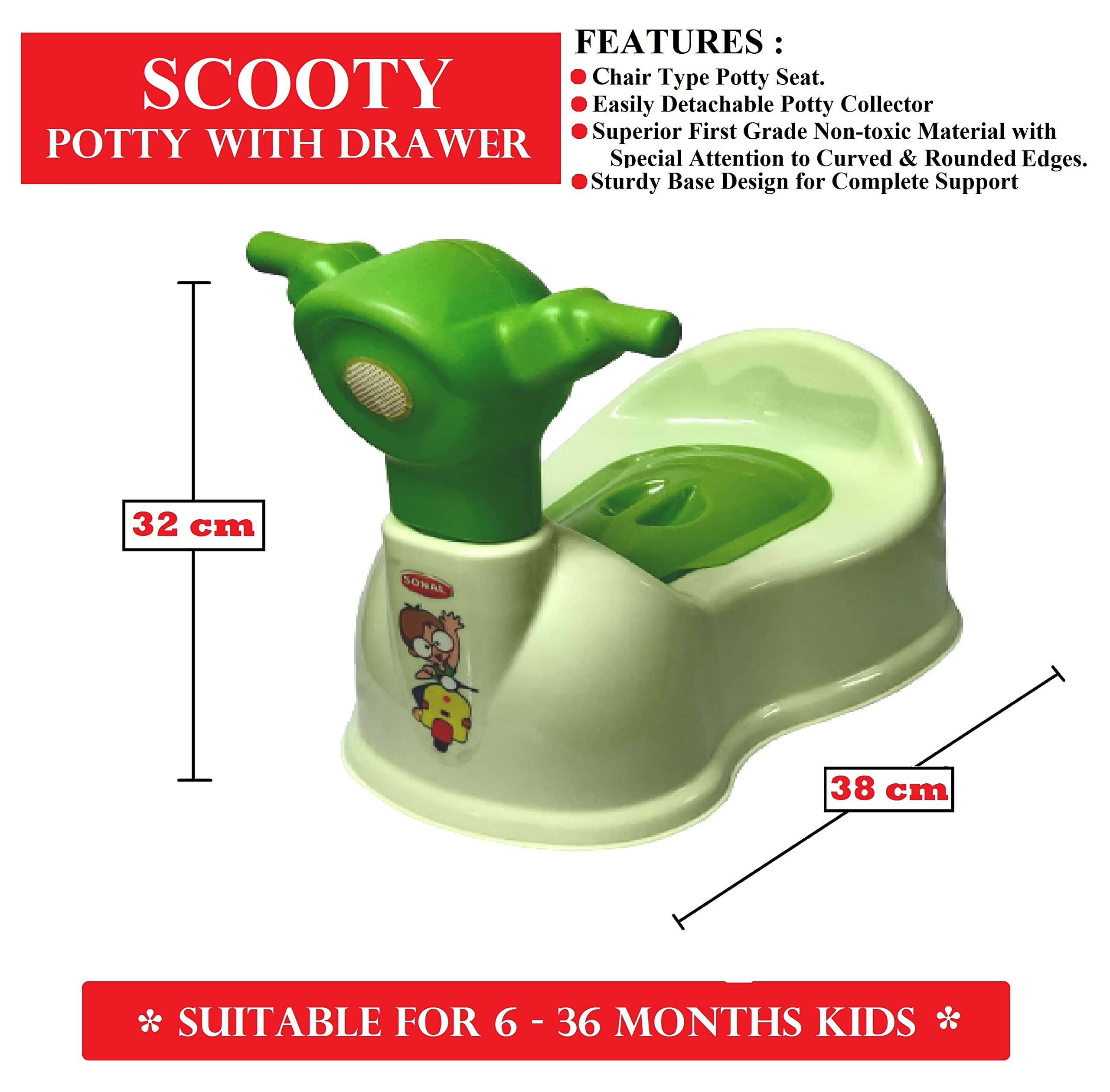 aaKaR Sonal - Baby Scooty - Baby Toilet Trainer Potty Seat with Removable Tray, Lid Cover (Green)