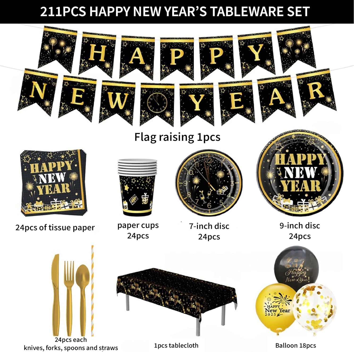 212Pcs New Years Eve Party Decorations, 2026 Party Supplies Tableware Set Serves 24, with Plates Napkins Cups Forks Knives Spoons Tablecloth Banner Ballons, NYE Themed Disposable Dinnerware