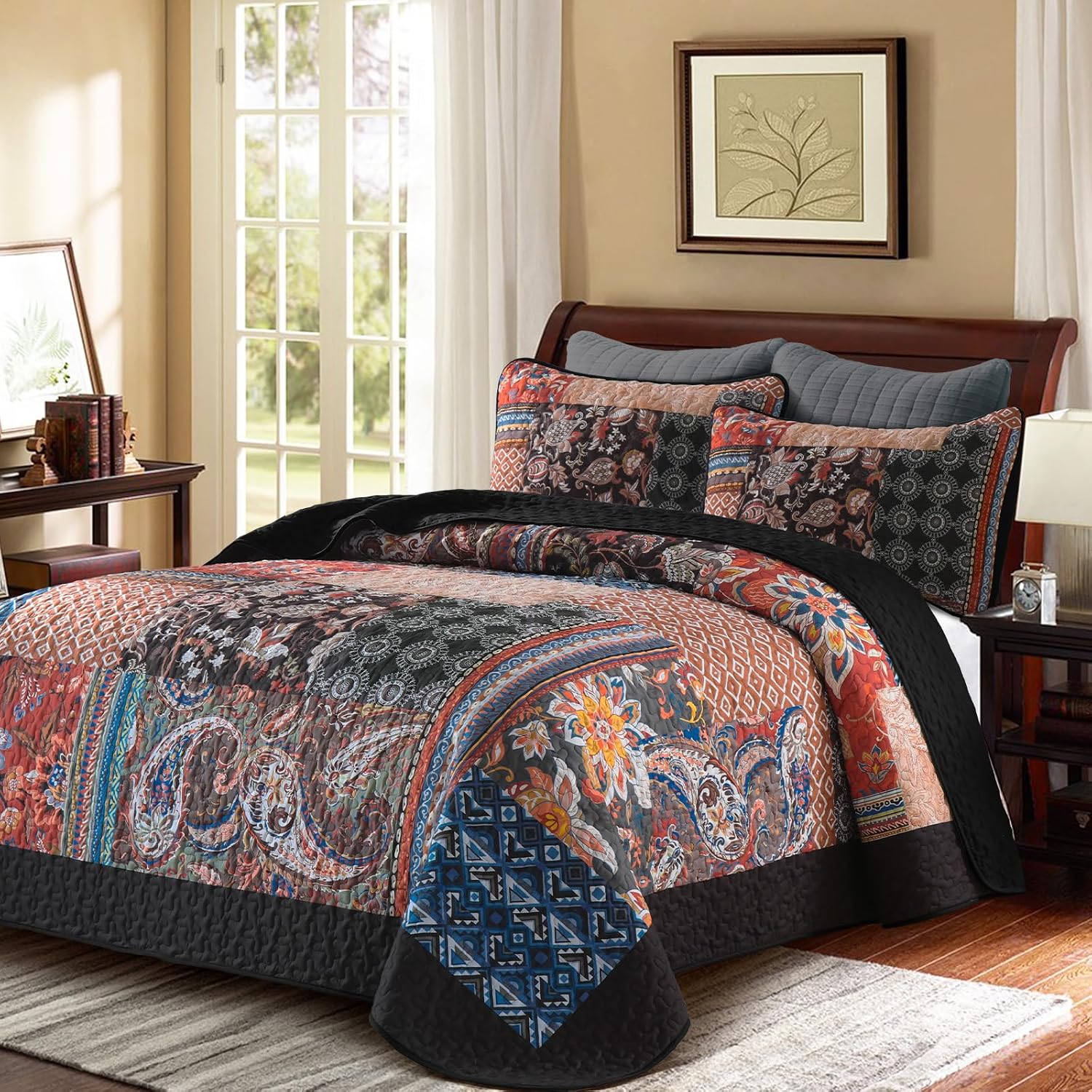 DJY JY03AC081991AF-D Patchwork Quilt Set Queen Black Boho Bedspread