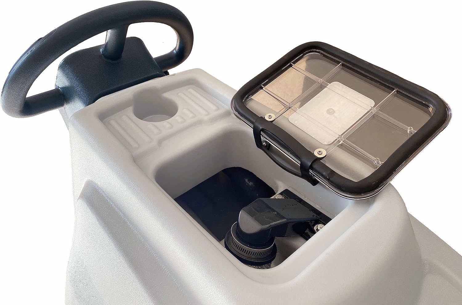 สูงสุด view of the floor scrubber with the solution tank lid open, showing the fill port.