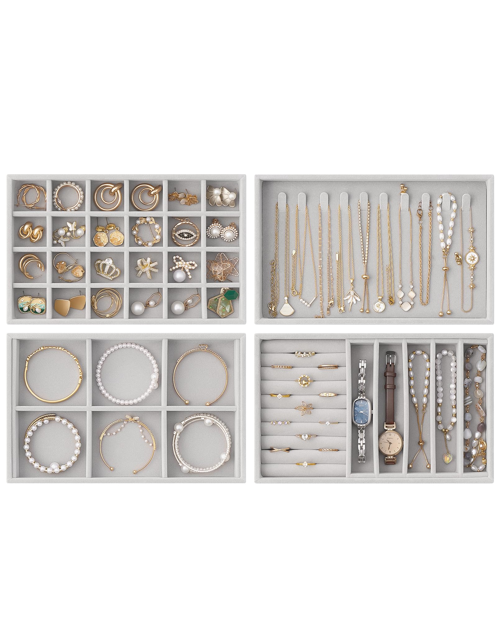 Lolalet Insertos para Cajón de Joyas, Bandejas Apilables de Terciopelo, Juego de Organizadores y Expositores para Collares, Pulseras, Aretes, Anillos, Cadenas, Brazaletes, Relojes - Beige, Juego de 4 — view 8