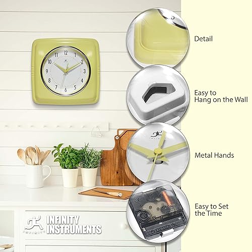 Miniatura 7 de Infinity Instruments Reloj de pared retro, cuadrado de 9 pulgadas, silencioso y sin tictac, diseño vintage moderno de mediados de siglo, reloj de