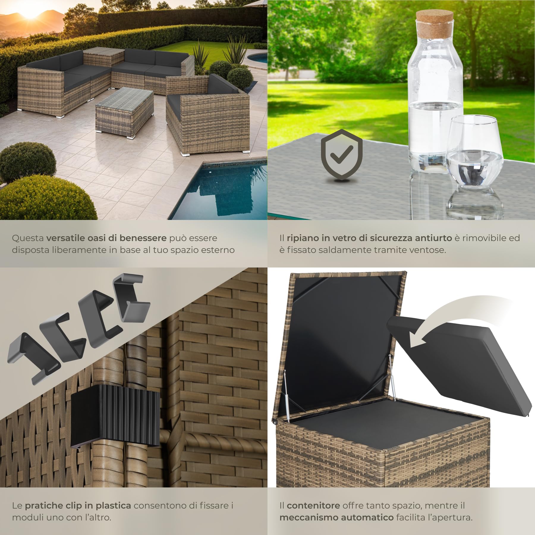 tectake® Salottino in Rattan XXL, Componibile, Contenitore Custodia, Poltrona Giardino, Set Balcone, Tavolo Sedie Esterno, Design Accurato, Versatile, Confort Massimo, Facile Pulizia - Naturale