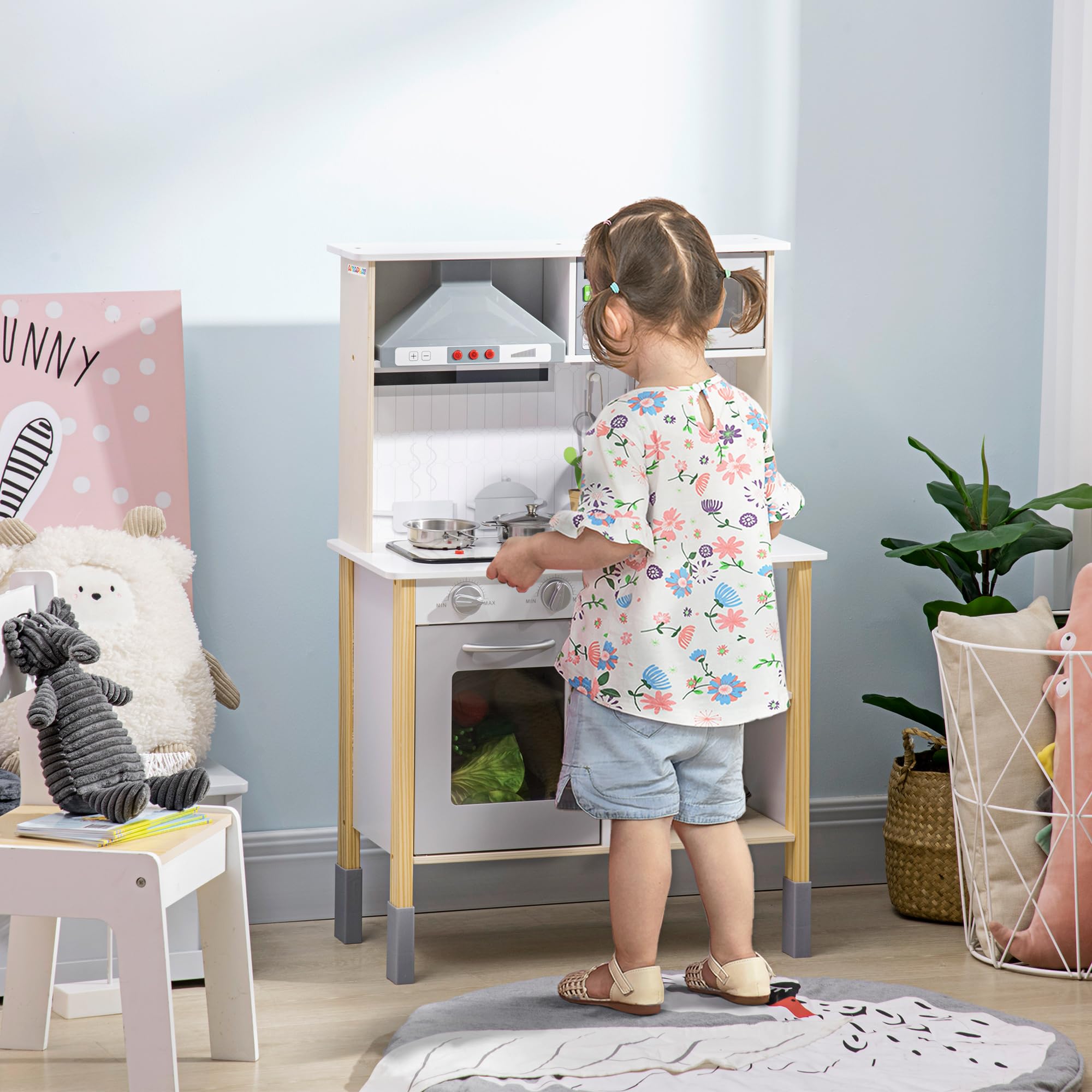 HOMCOM Cucina Giocattolo per Bambini Luci 60x30.5x93.2 cm Grigia e Bianca
