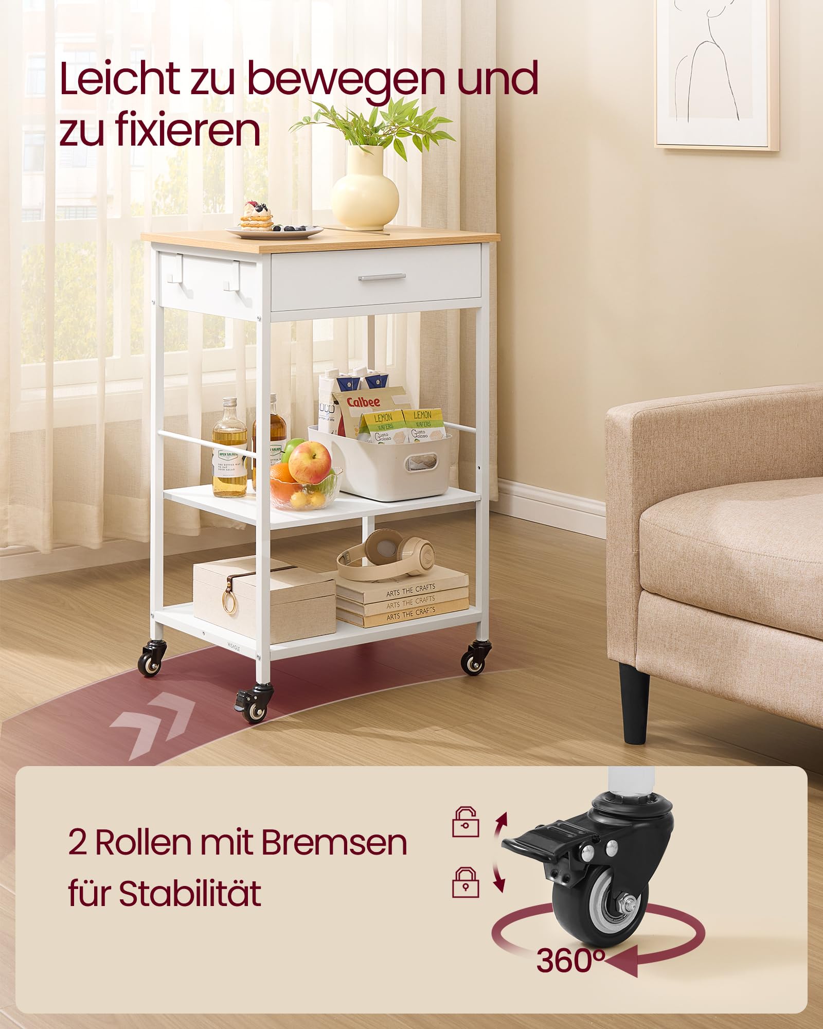 VASAGLE Küchewagen mit Rollen, mobiler Servierwagen mit Stauraum, Kücheninsel, 47 x 60 x 90 cm, Schublade, 2 Haken, für Esszimmer, eichenbeige-mattweiß KKI007Y01